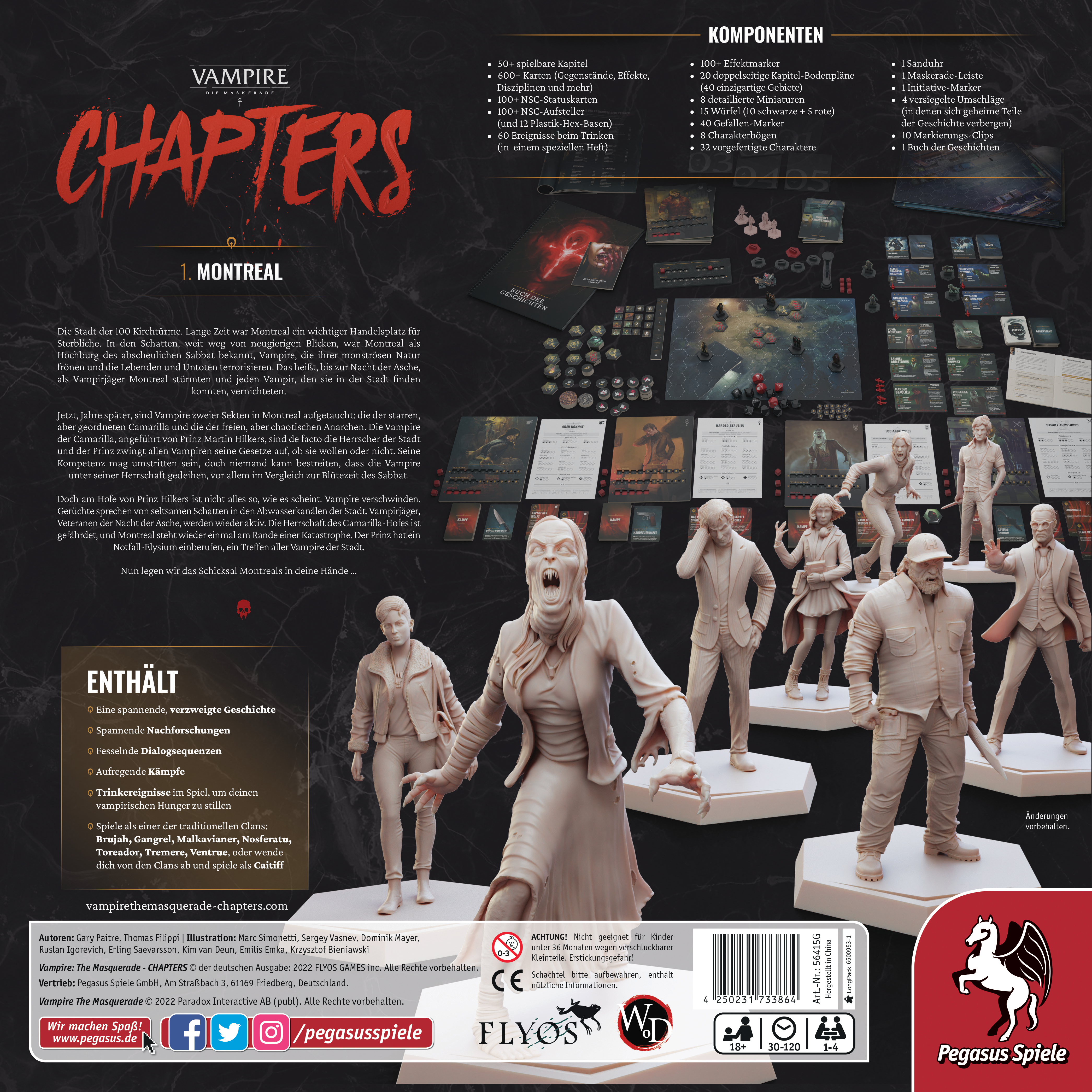 Brettspielbox mit Charakteren. Enthält eine Gruppe von Figuren und Spielkomponenten.