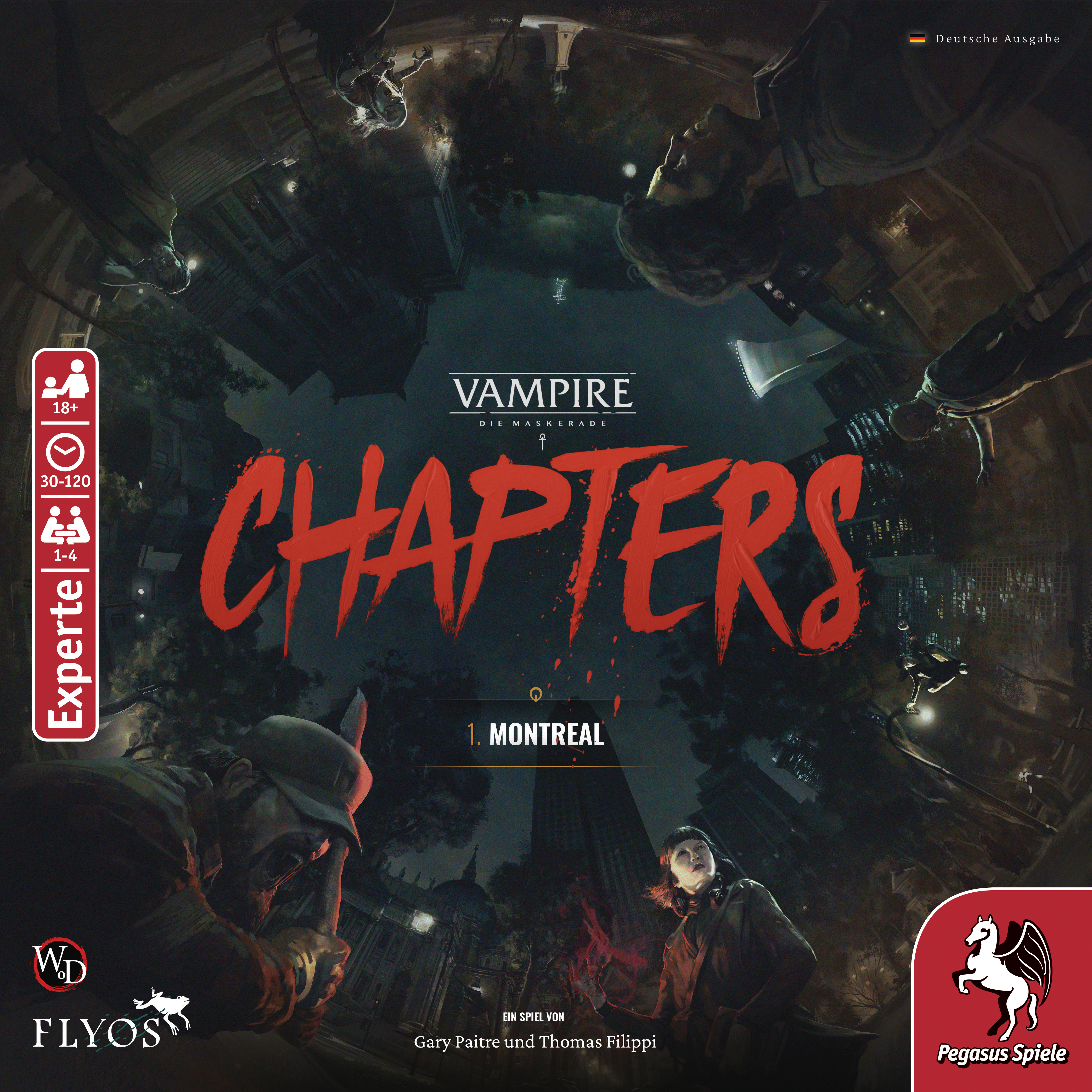 Brettspielbox, 'Vampire: The Masquerade - Chapters' mit Figuren und Stadtansicht.