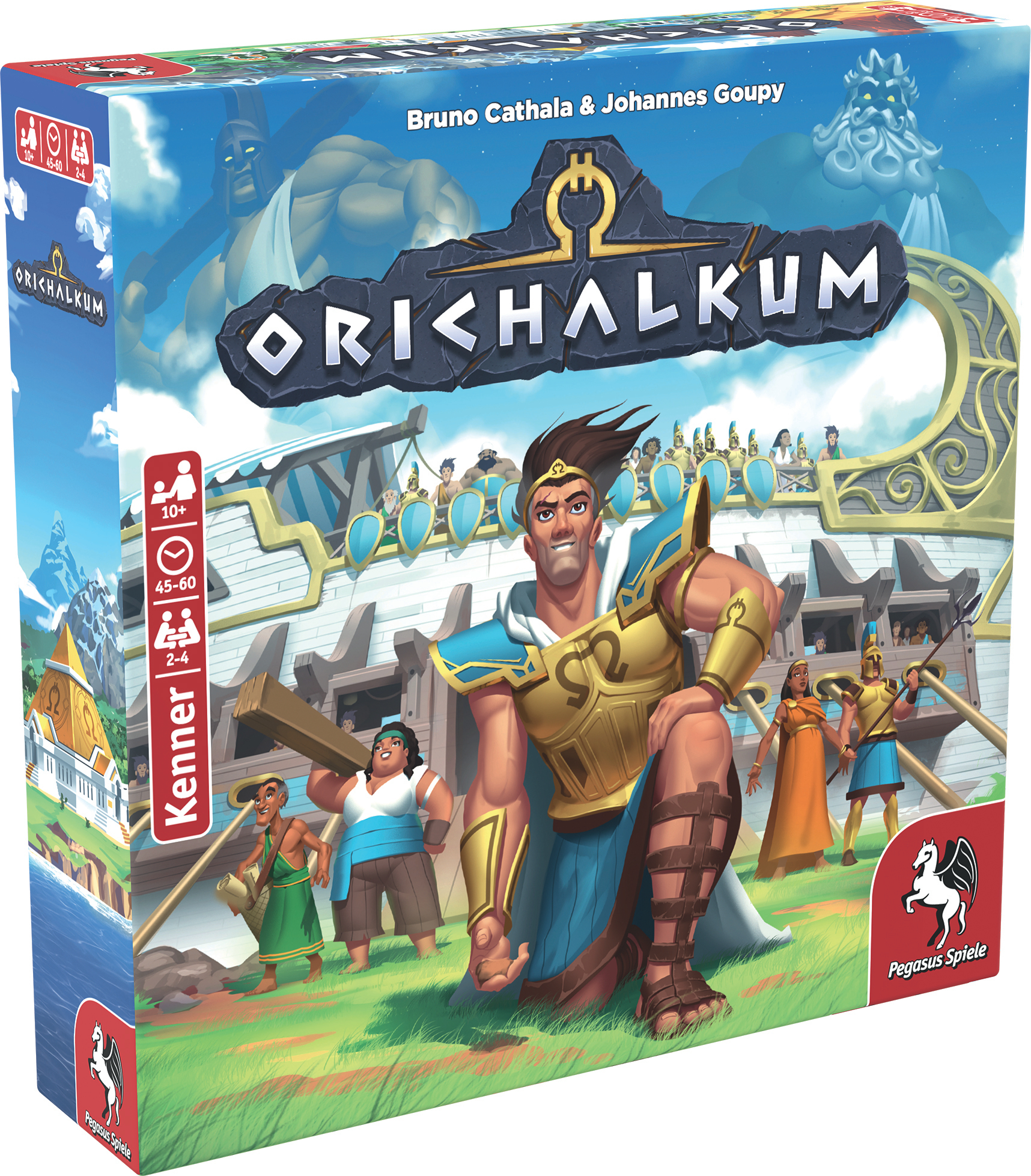 Brettspielbox. Eine Kriegerfigur. Andere Charaktere und Text sind sichtbar. Pegasus Spiele Logo.