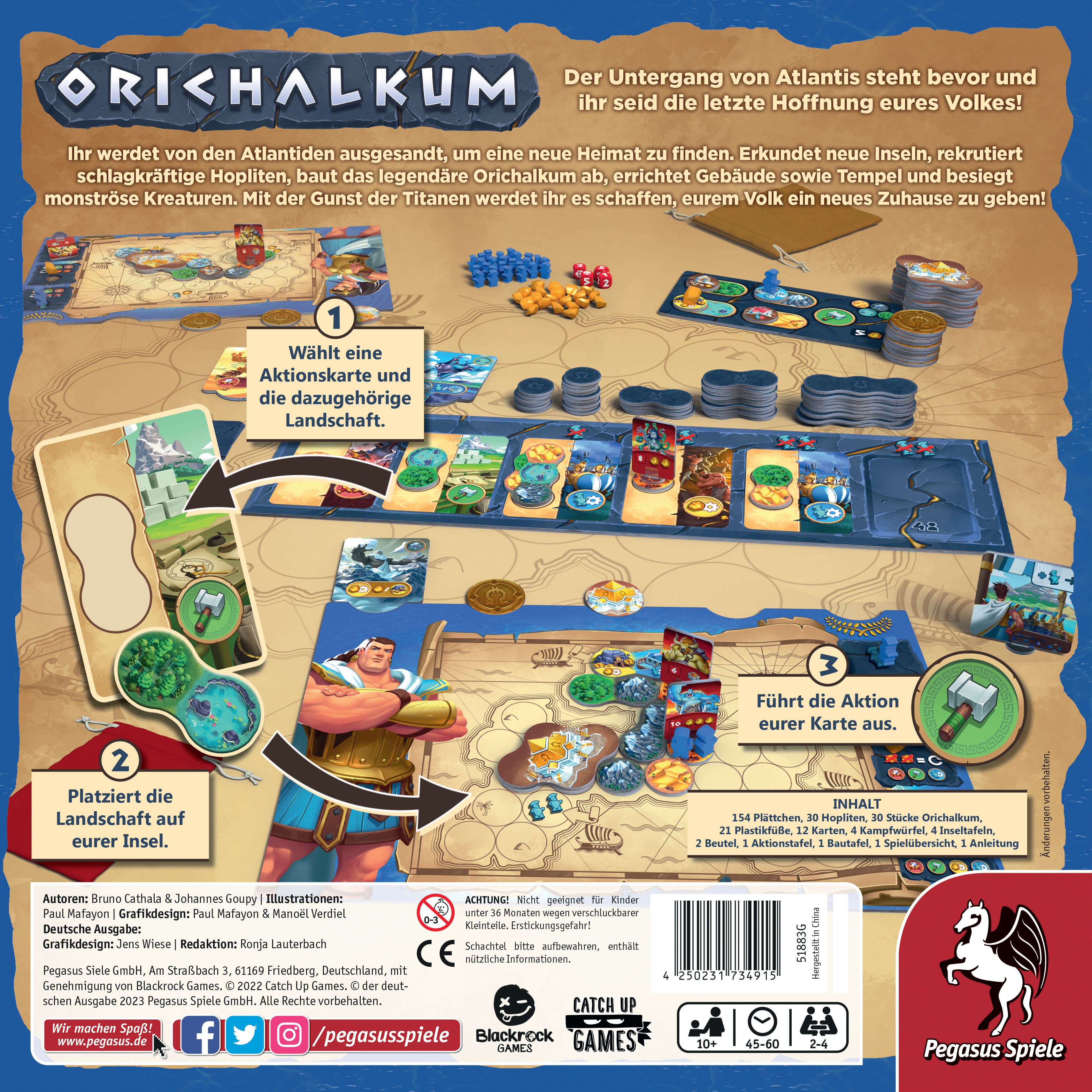 Brettspielbox mit Fantasy-Art, Text auf Deutsch und Übersicht über die Spielkomponenten.
