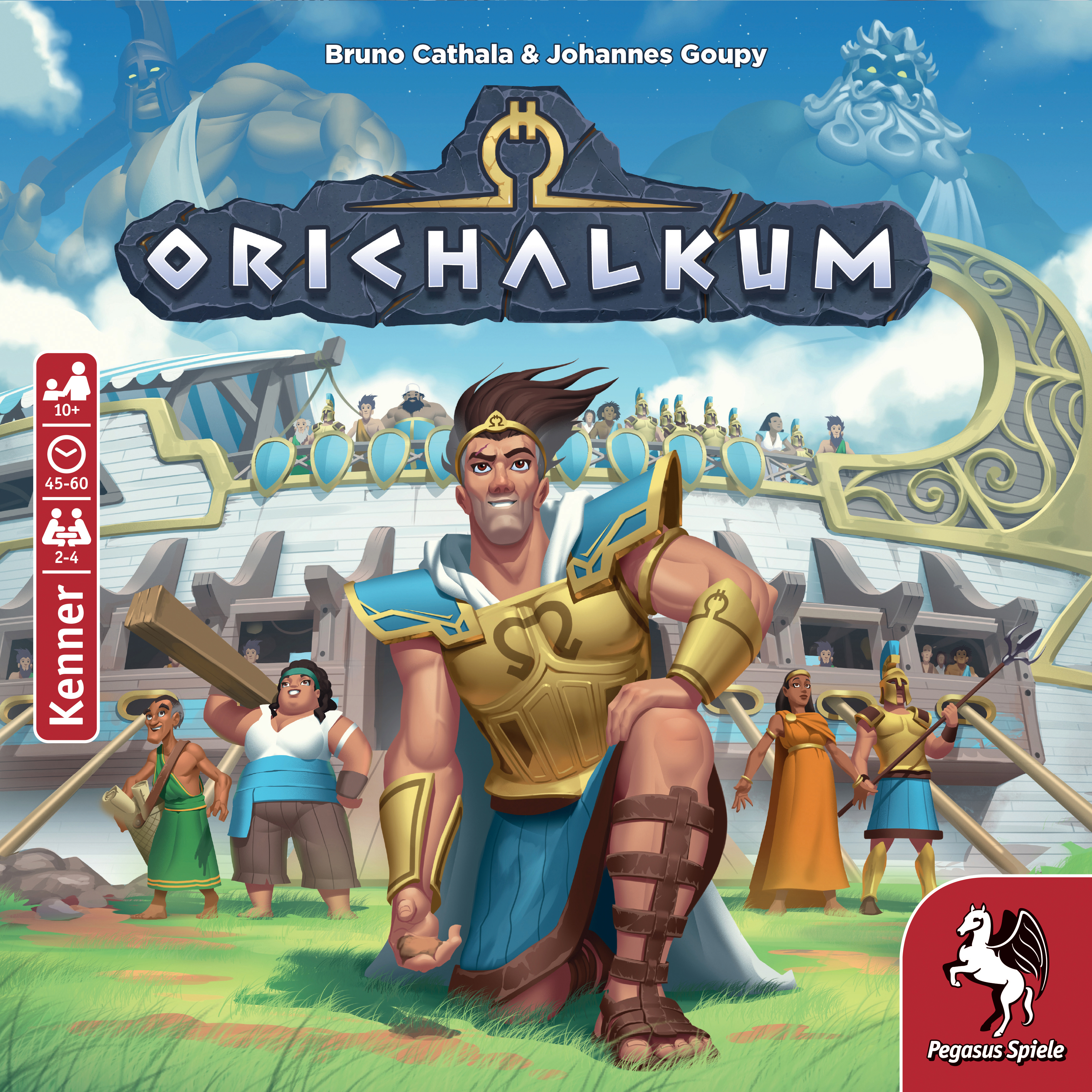 Brettspielbox mit Figuren und Text 'ORICHALKUM' und einem Pegasus-Logo.