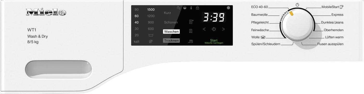 Die Vorderseite einer weißen Miele Waschmaschine. Es gibt ein Display, das die Zeit und die Einstellungen zum Waschen anzeigt.