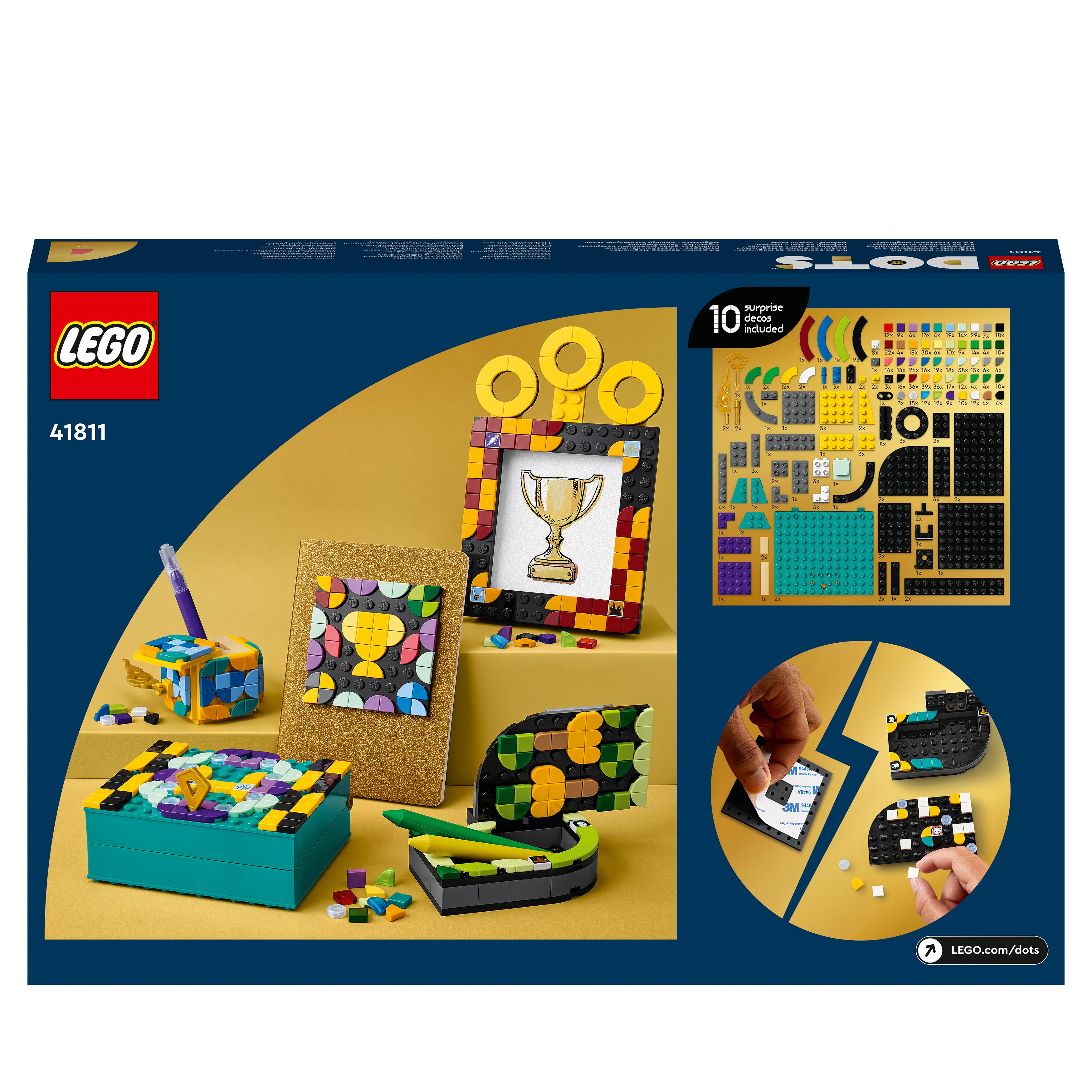 Ein LEGO Dots Box-Set mit verschiedenen farbigen Steinen und fertigen Kunstwerken.