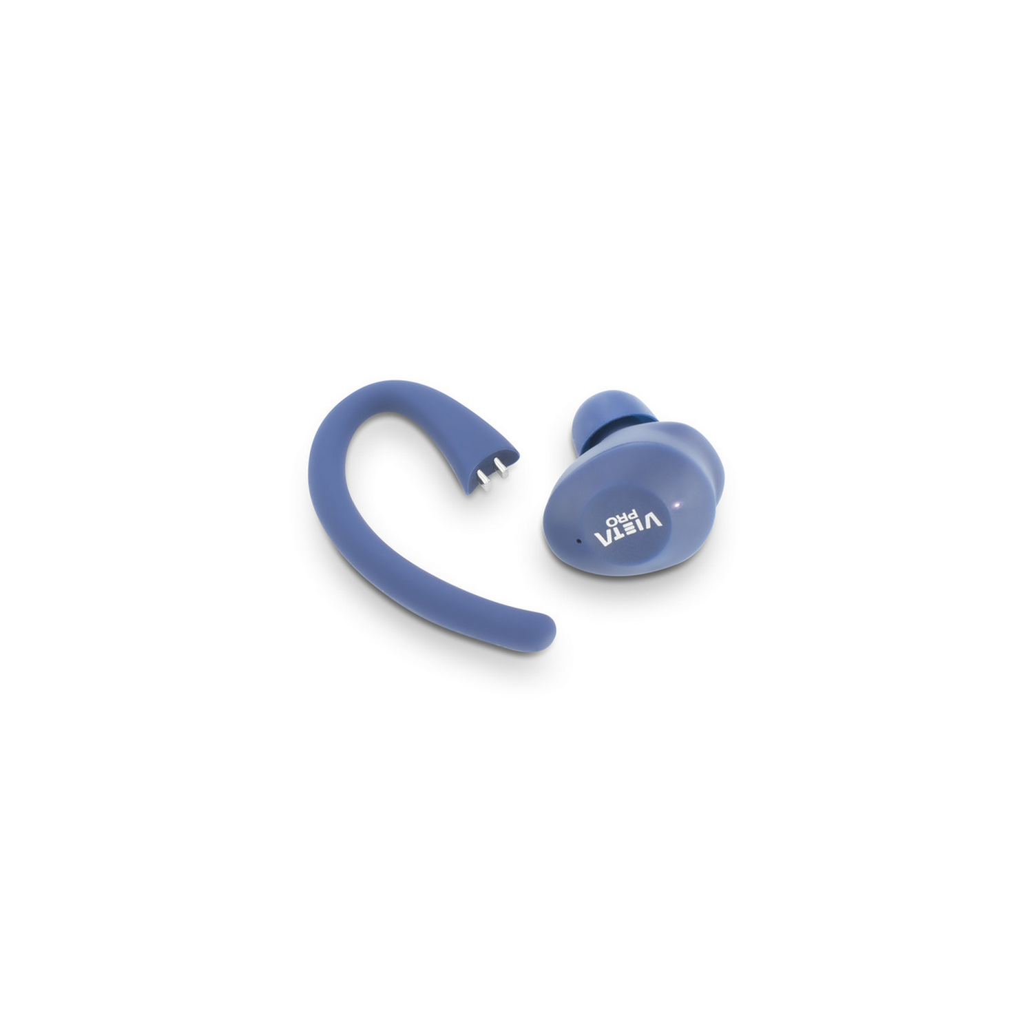 A blue wireless earbud with an ear hook on a white background. The earbud has the word VIETA PRO on it.