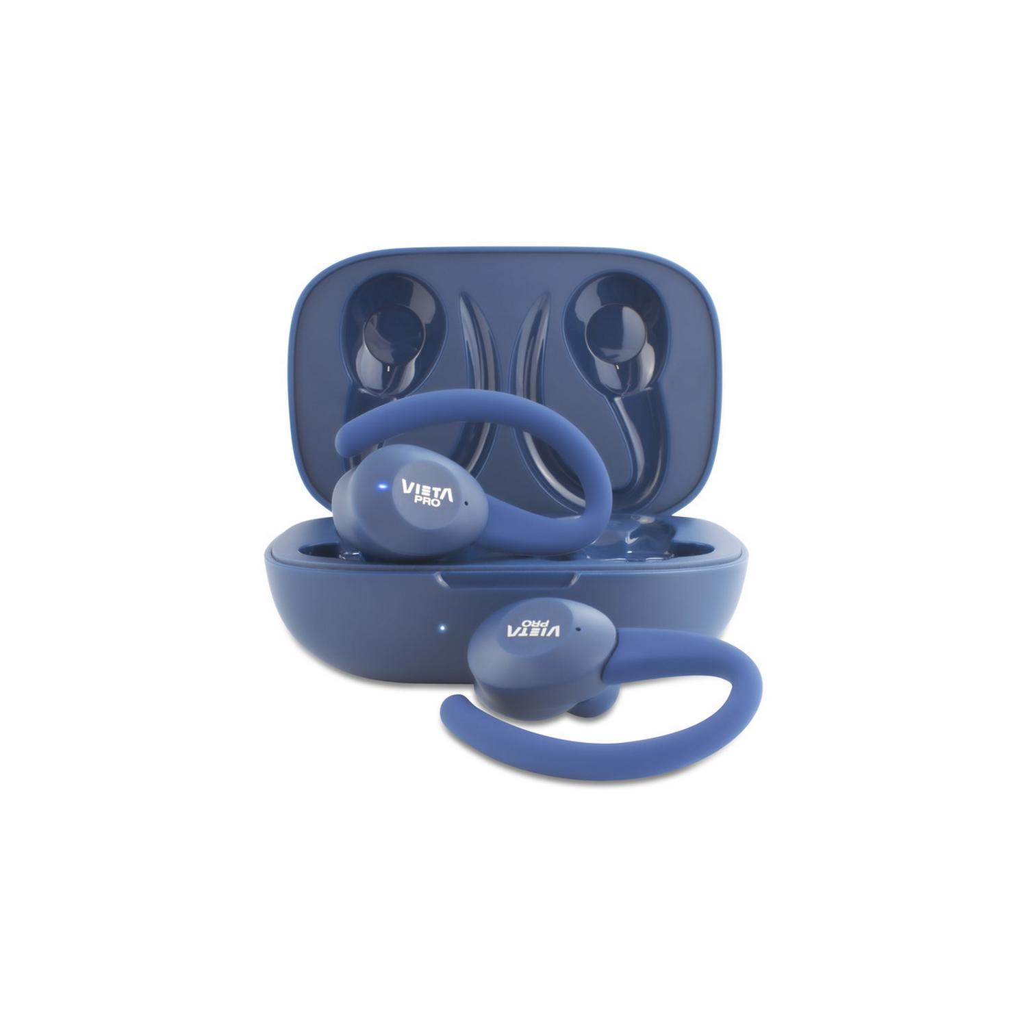 Blue Vista Pro earbuds and charging case on a white background. One earbud is outside the case. The case is open.