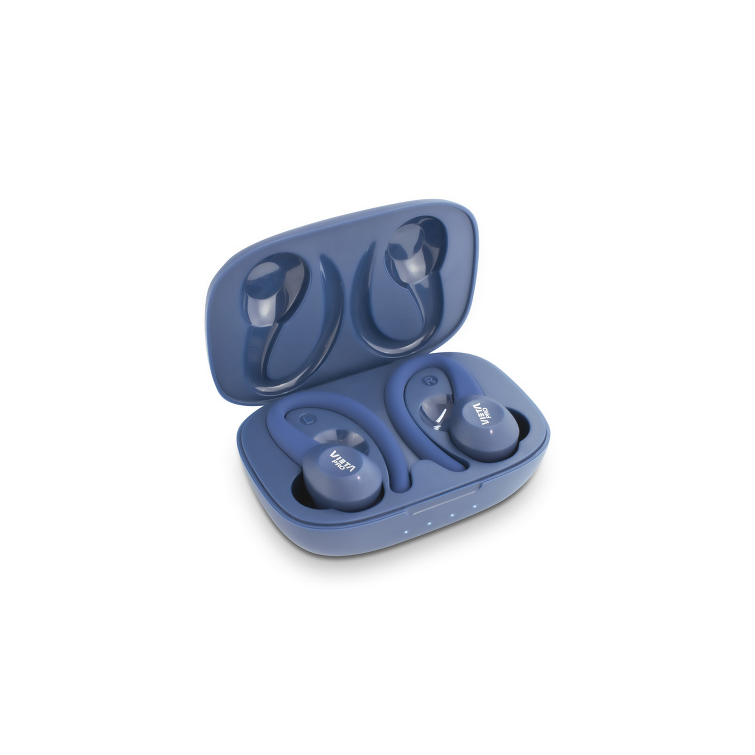 Blue wireless earbuds in an open charging case. The case and earbuds have a sleek design. The brand name is visible on the earbuds.