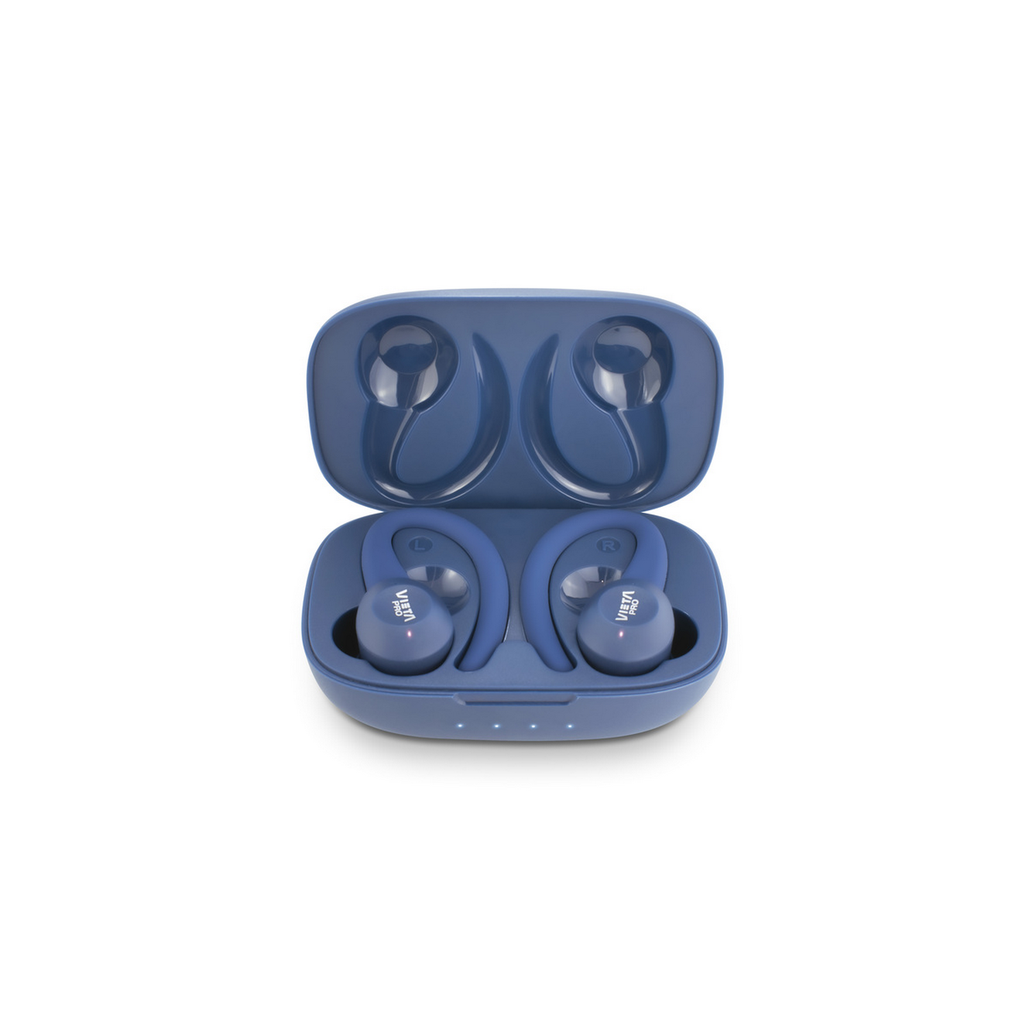 Blue wireless earbuds in an open charging case. The case and earbuds are on a white background.