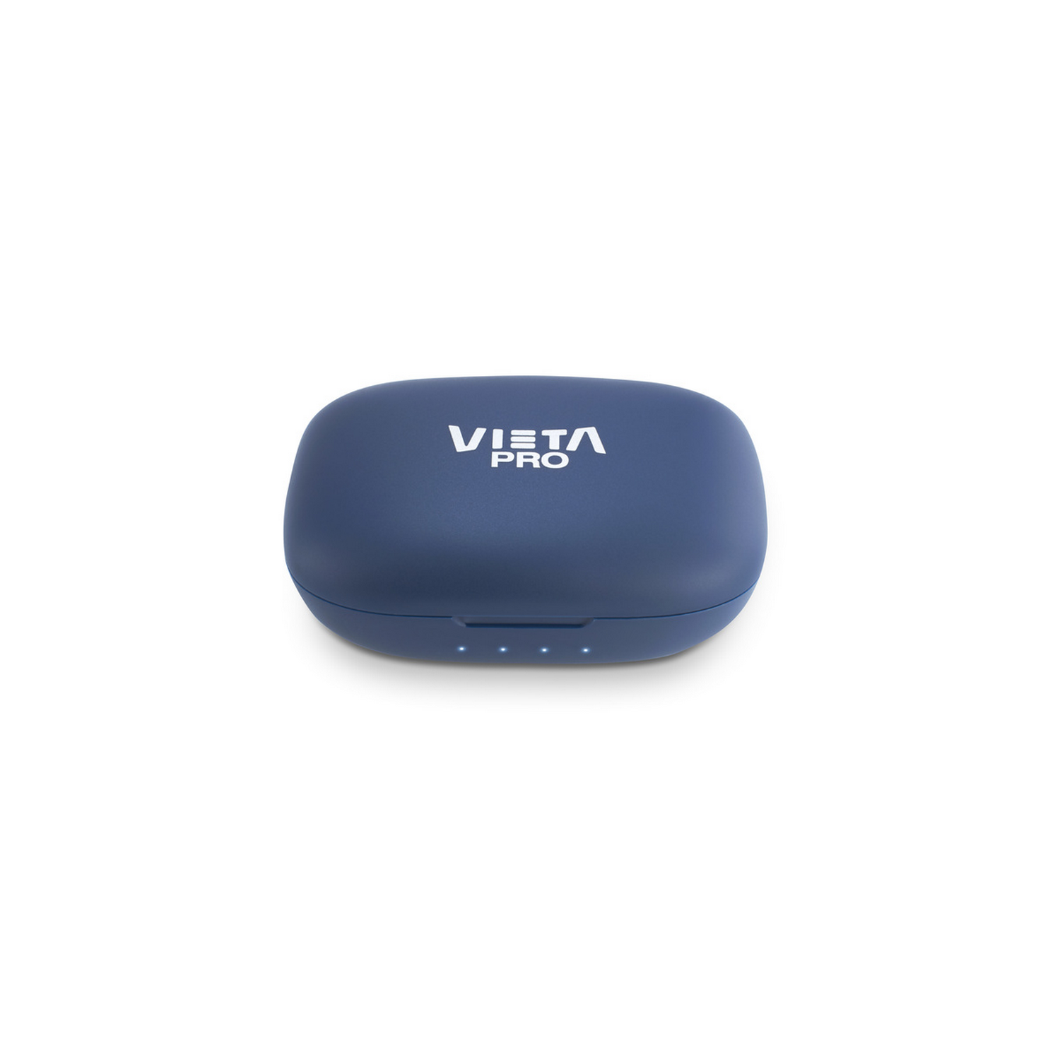 A blue Vista Pro earbud charging case on a white background. The case has the brand name on it and 3 small lights.