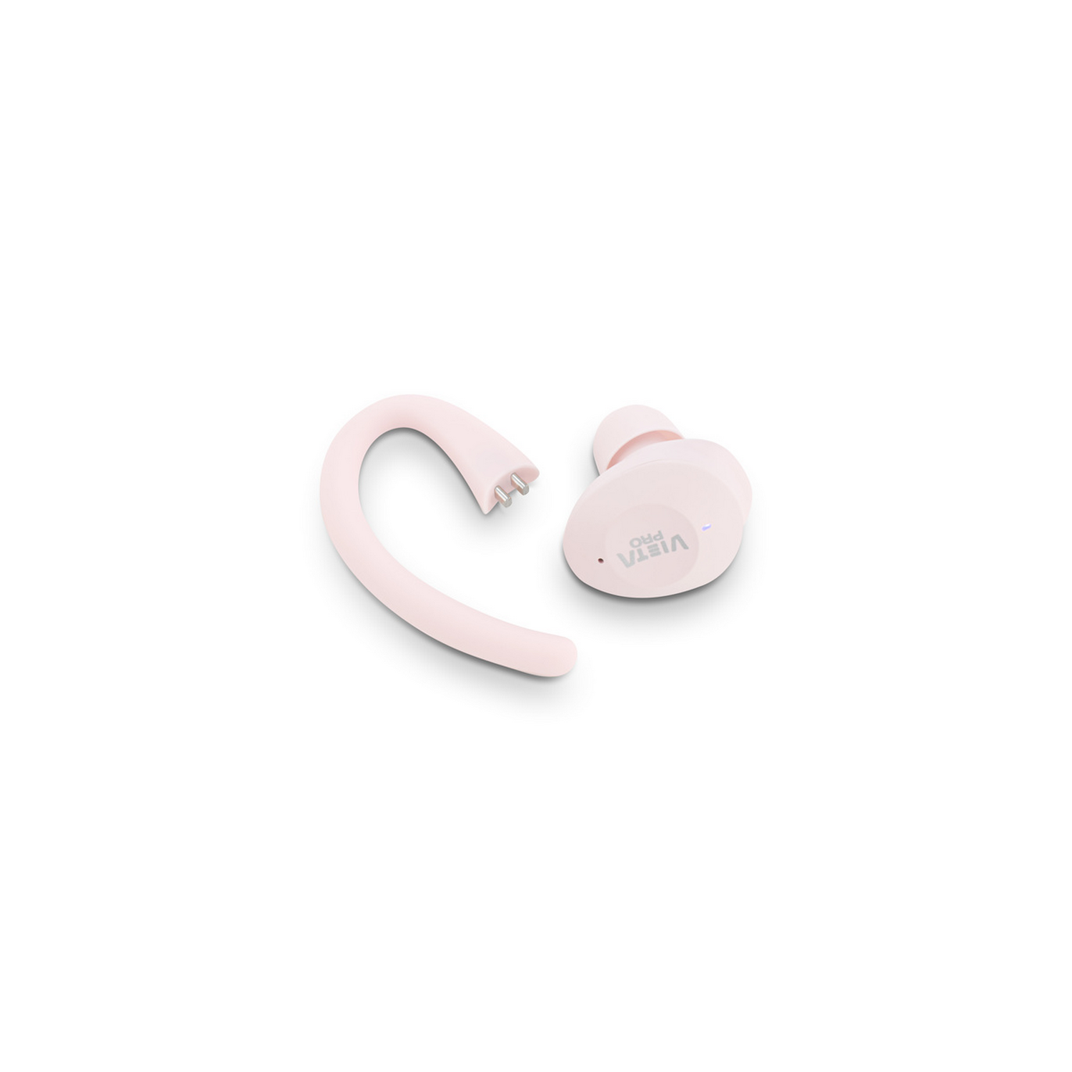 A light pink VISTA PRO earbud and ear hook lie on a white surface. The earbud has the brand name written on it.