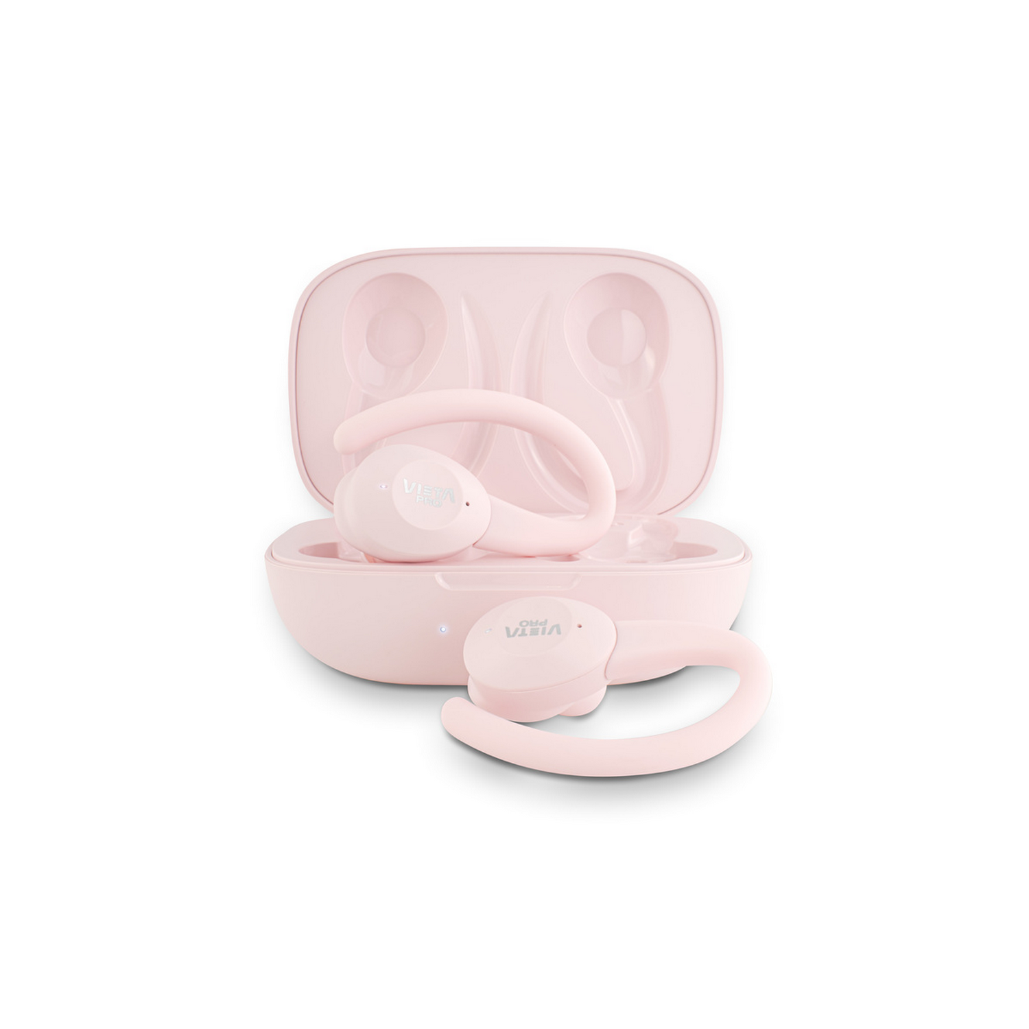 Pink Vista Pro earbuds with a charging case, open. One earbud is outside the case. White background.