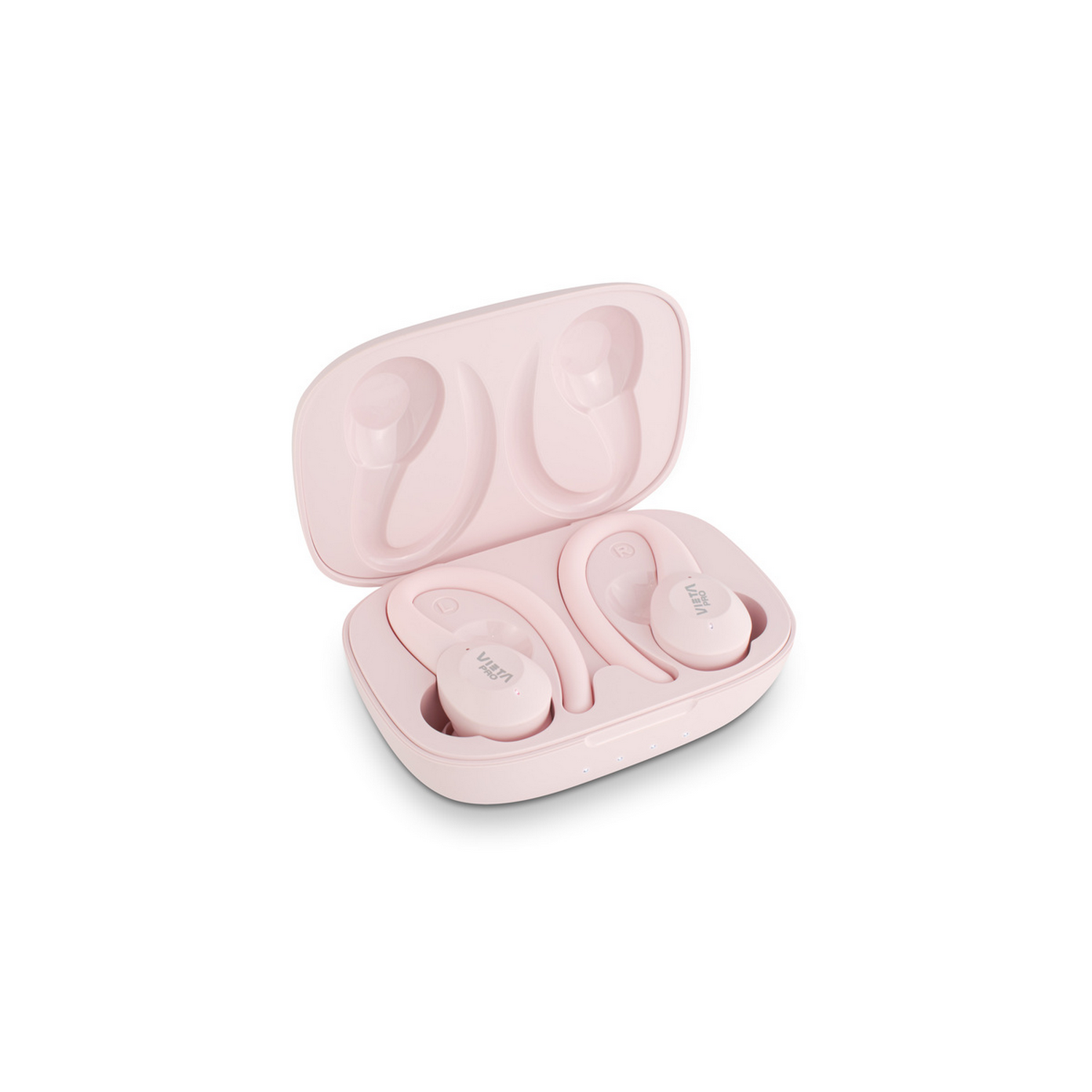Pink wireless earbuds in an open pink charging case, against a white background. The case and earbuds are in focus.
