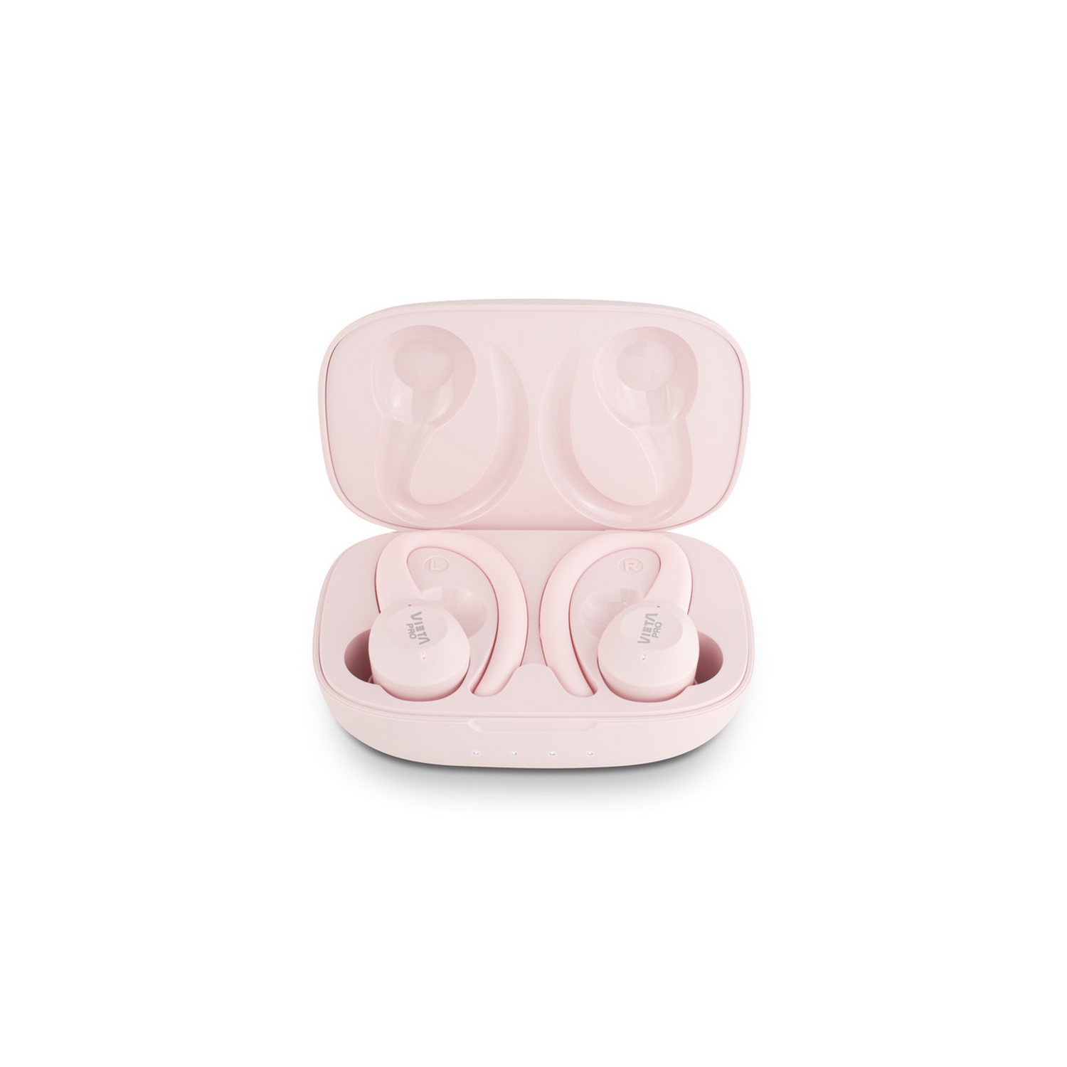 Pink wireless earbuds in an open case. The case and earbuds are on a white background. The case is slightly open, showing the earbuds.