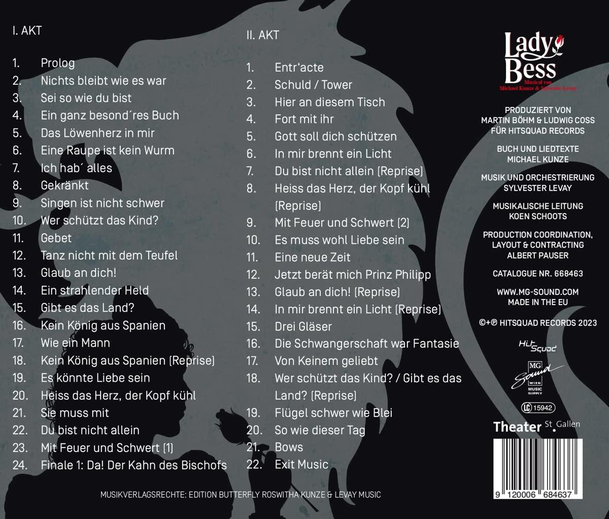 Die Rückseite einer Musical-Theater-CD mit Trackliste und Produktionscredits.