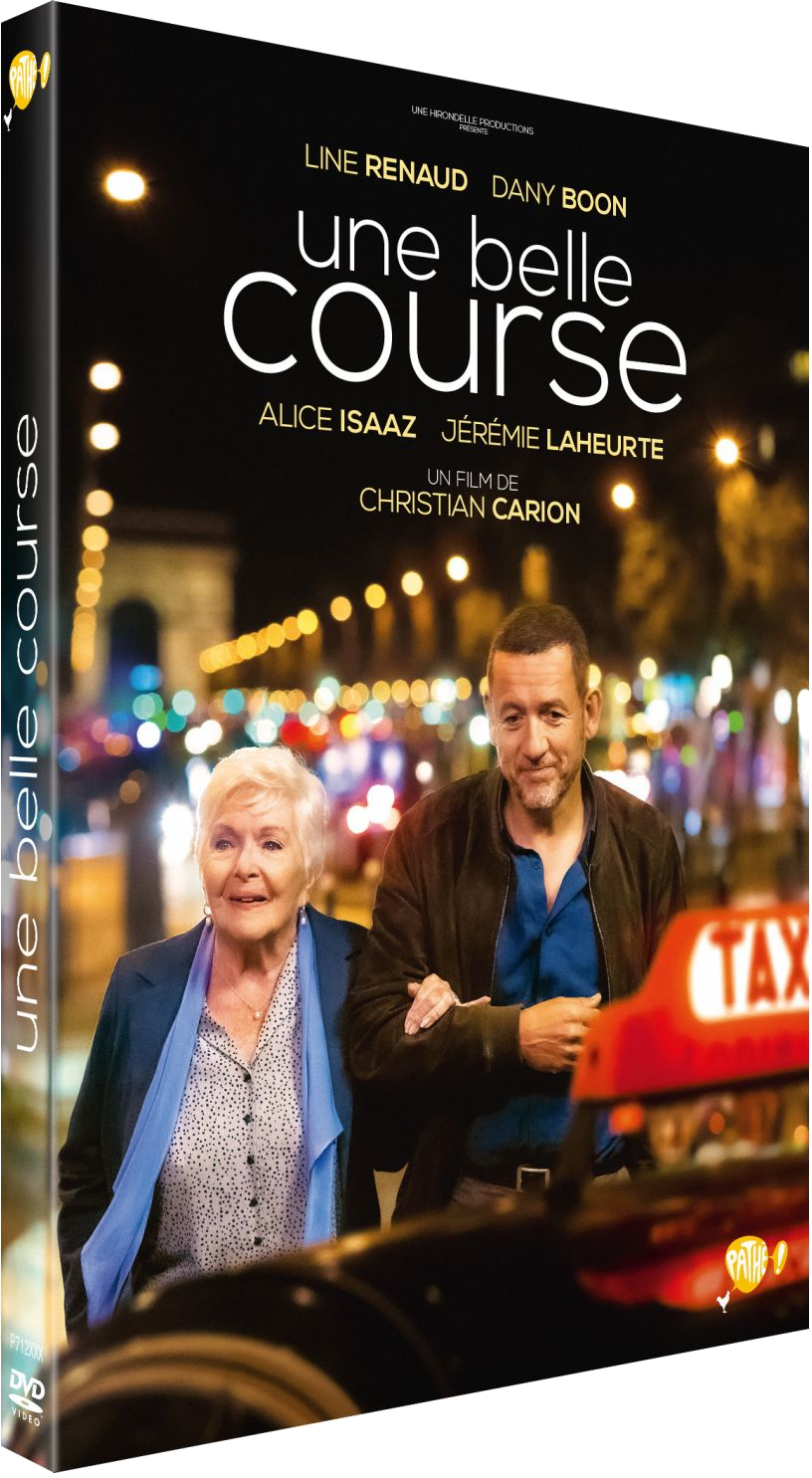 Affiche de film avec deux personnes devant un taxi de nuit. Titre : 'une belle course'.