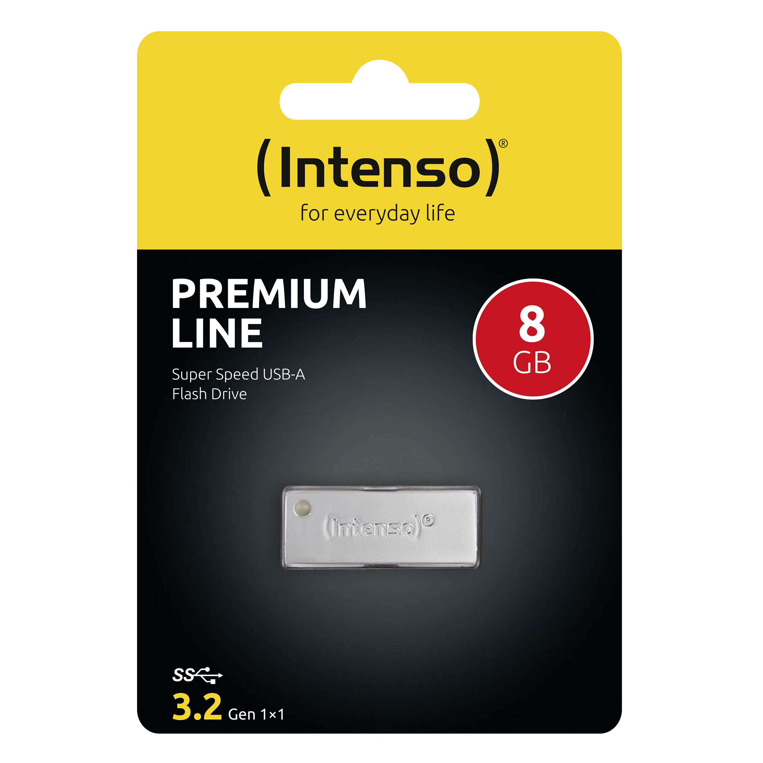 Egy ezüst Intenso pendrive sárga-fekete csomagolásban.