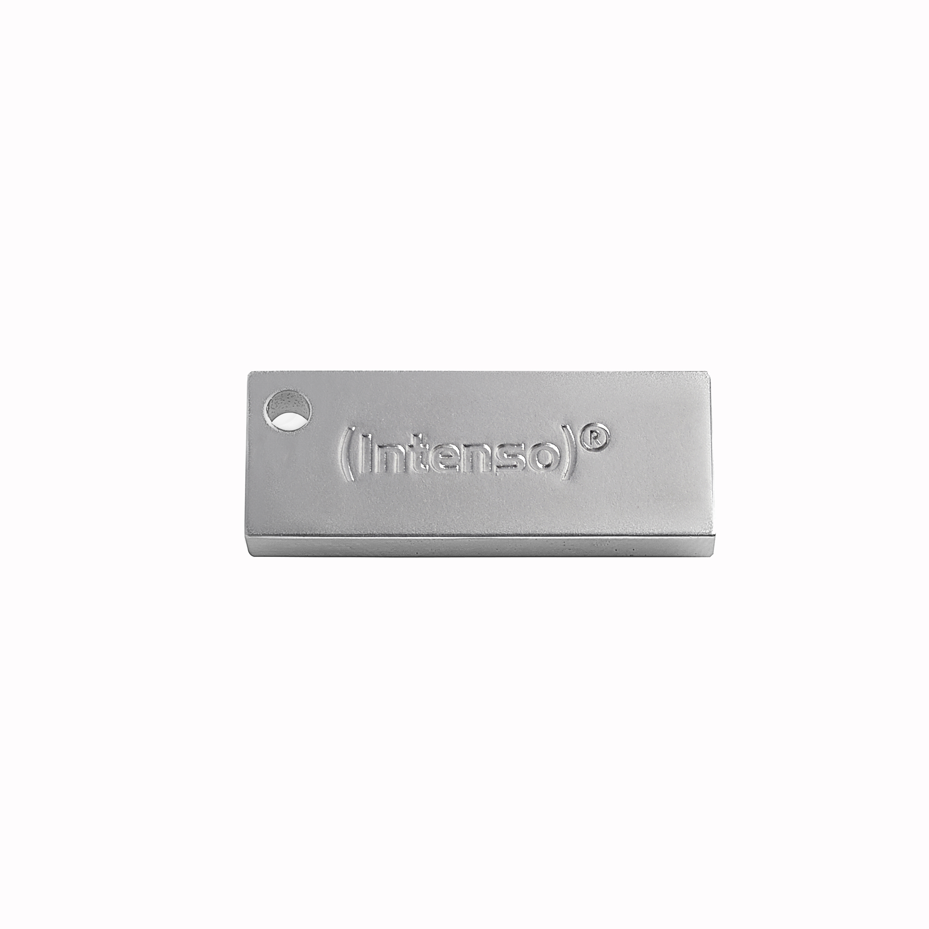 Egy ezüst USB meghajtó. A (intenso) márkanév van rá nyomtatva.