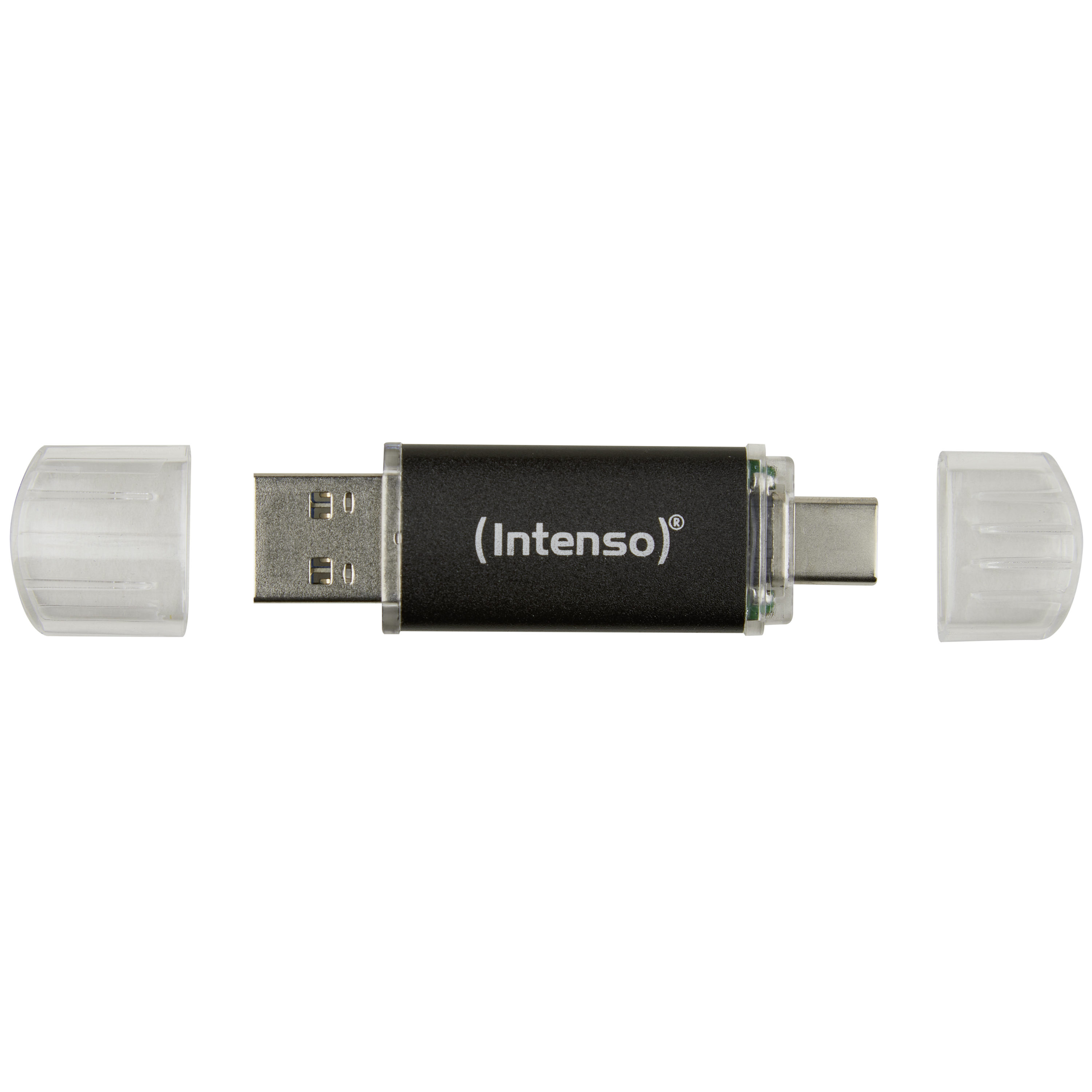 Fekete testű USB-meghajtó, fehér logóval és átlátszó kupakokkal. A- és C-típusú csatlakozók láthatók.
