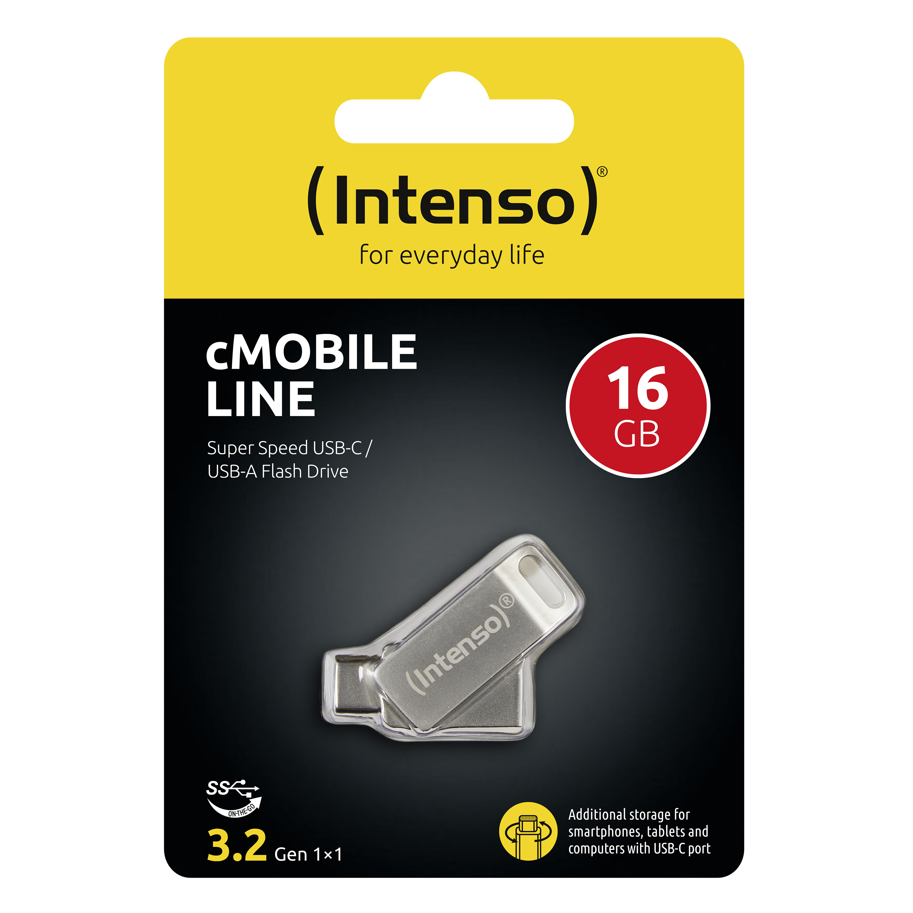 Ezüst USB flash meghajtó sárga és fekete csomagolásban. 16 GB-tal jelölve.