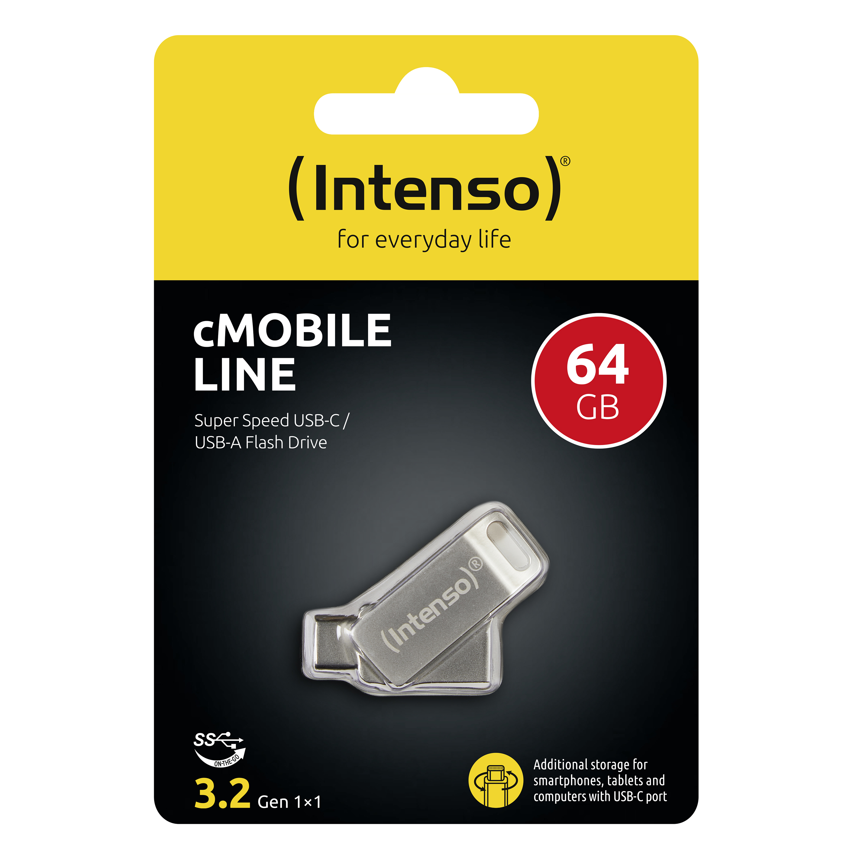 USB flash meghajtó csomagolásban, szöveggel és egy piros 64 GB jelzéssel.