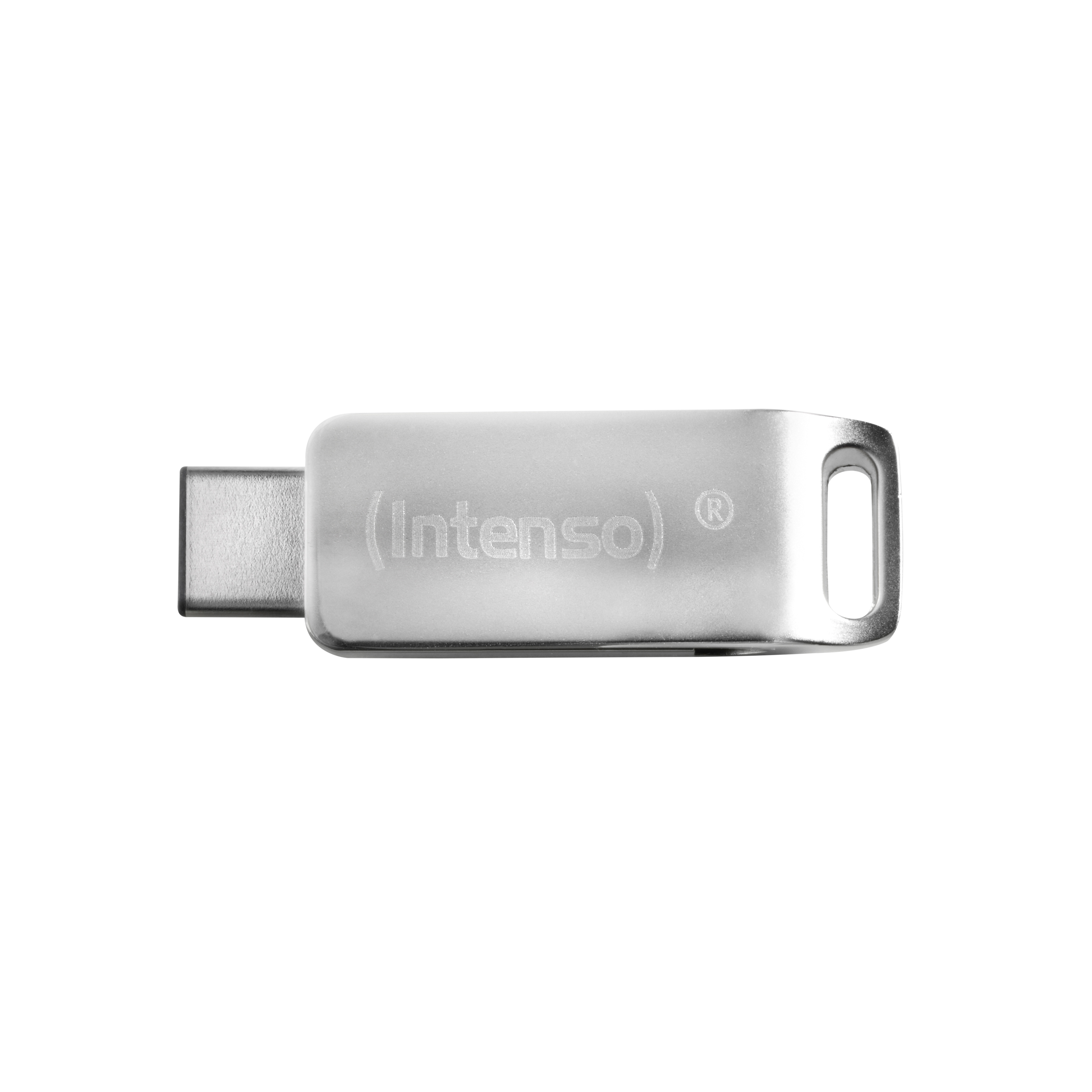 Ezüst USB-C meghajtó a "(Intenso)" szóval és egy lyukkal.