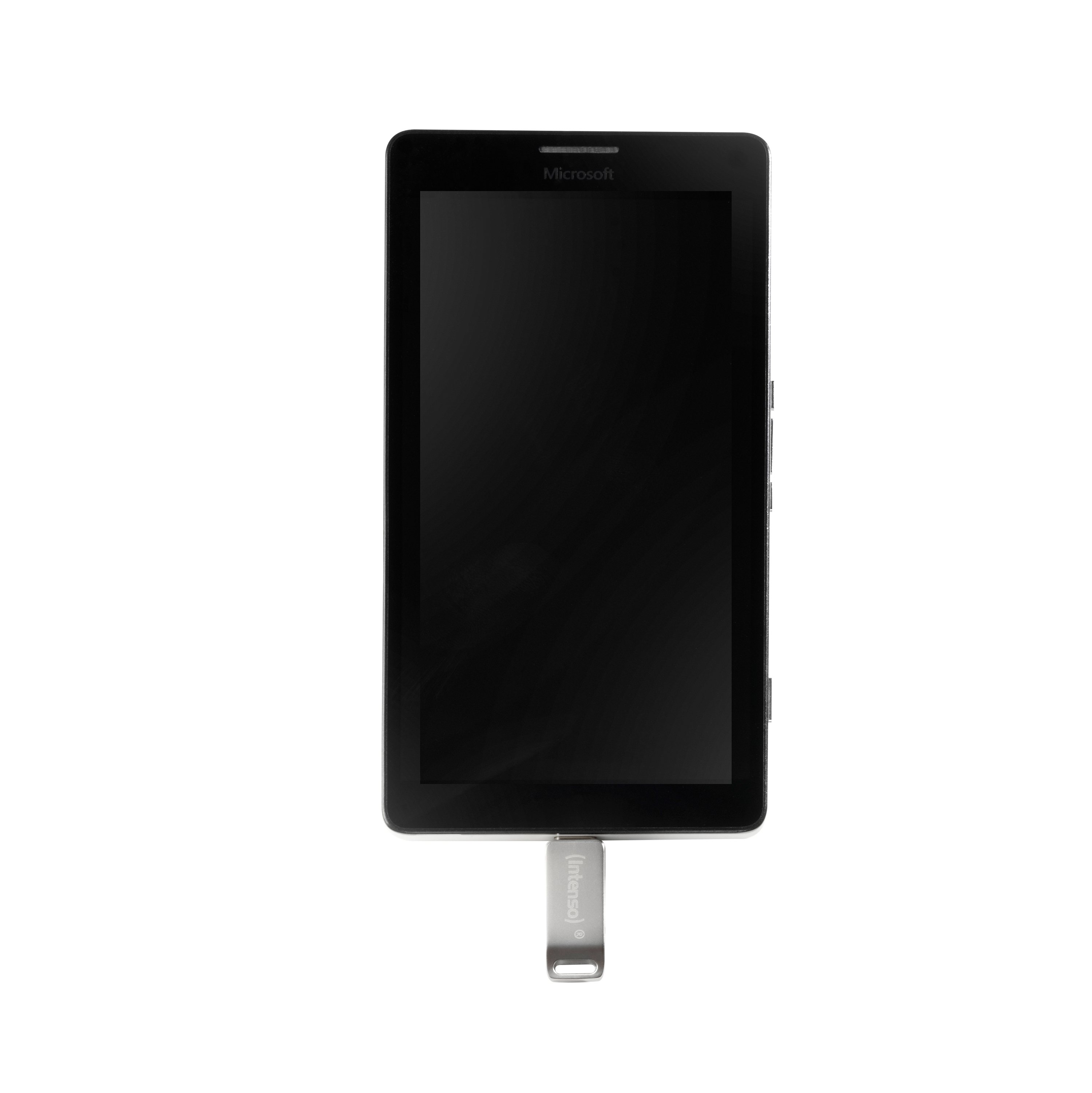 Egy tablet egy USB-meghajtóval, fehér háttérrel.