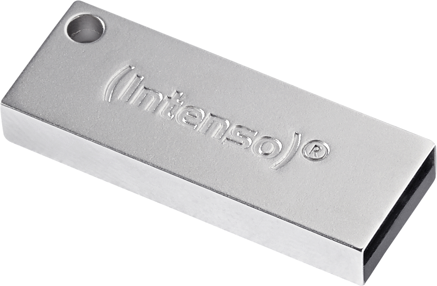 Egy ezüst USB-meghajtó, a felületén a "(Intenso)" logóval.