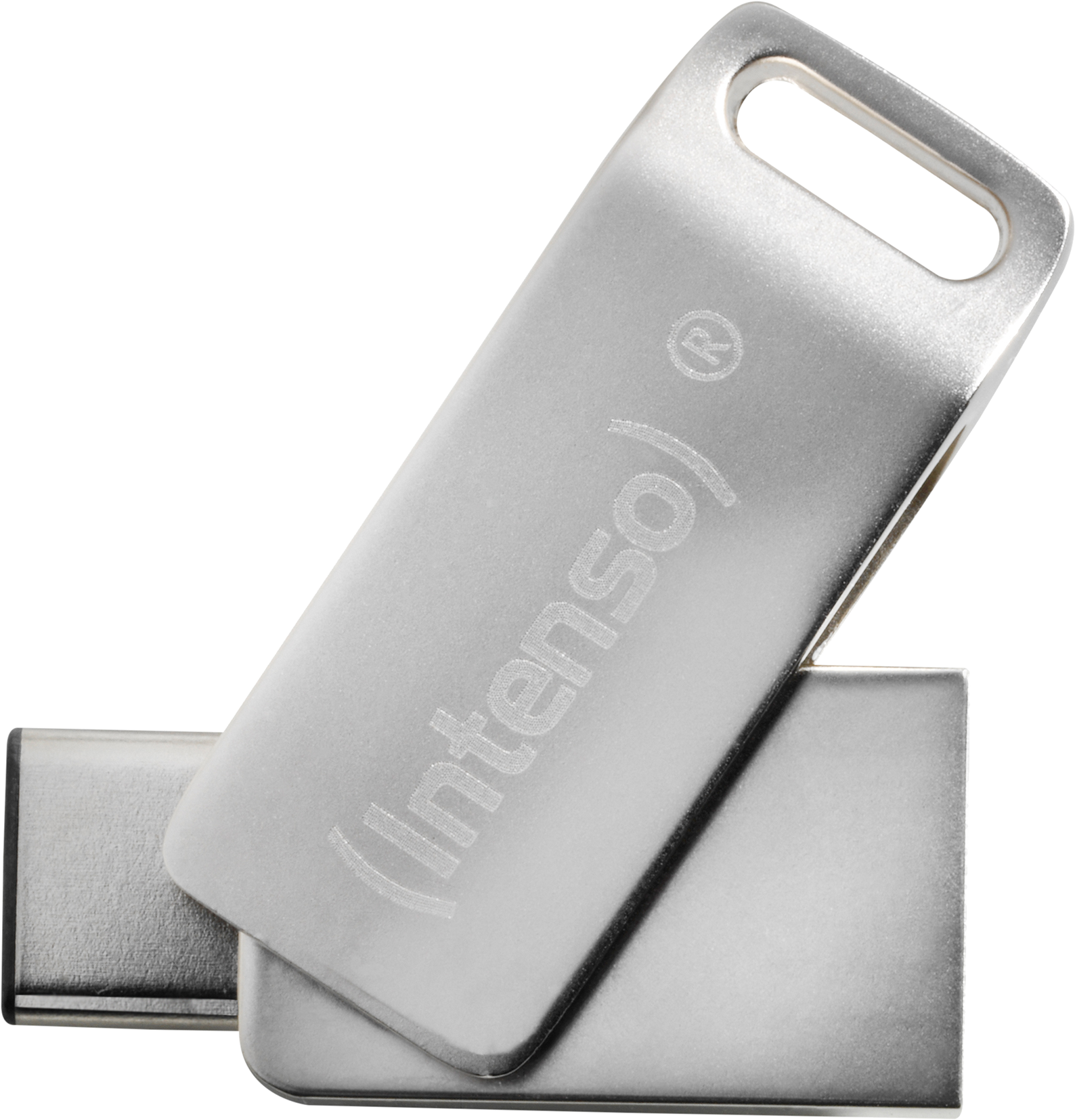Ezüst Intenso USB flash meghajtó, ferde nézet, két meghajtó.