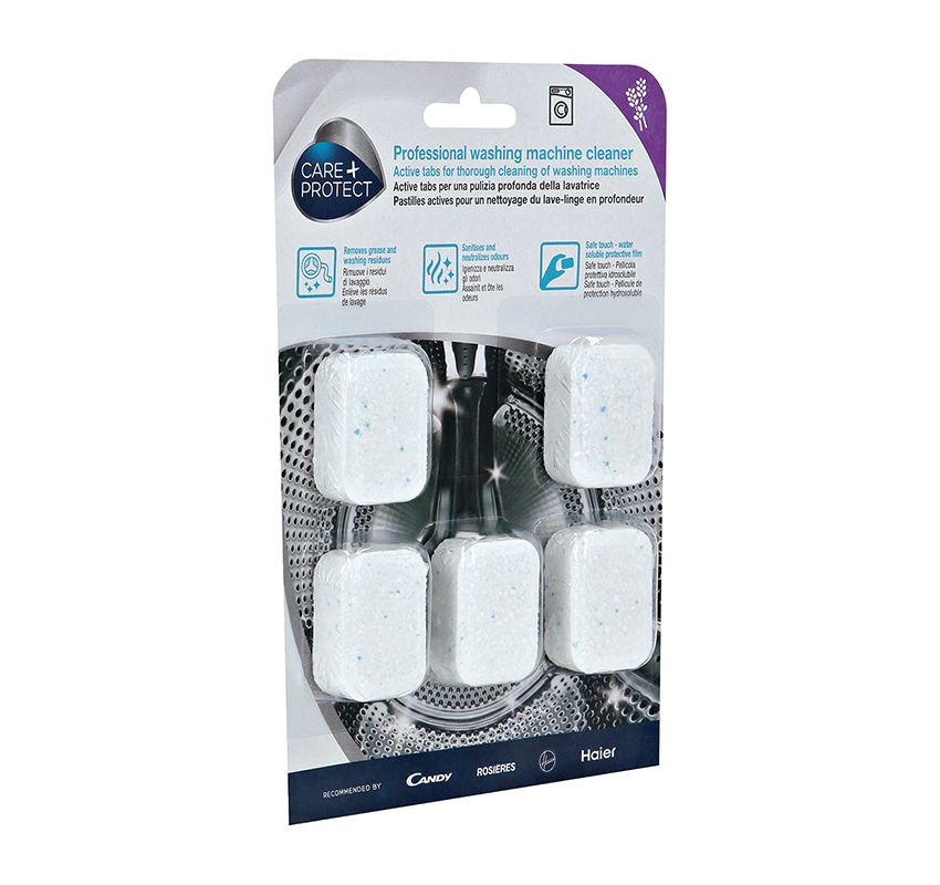 Embalaje de pastillas limpiadoras para lavadoras. Las pastillas son blancas y azules, embaladas en un envase de plástico.