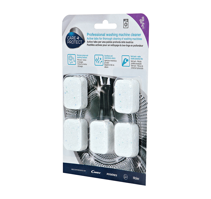 Paquete de pastillas limpiadoras de lavadora, blanco con puntos azules.