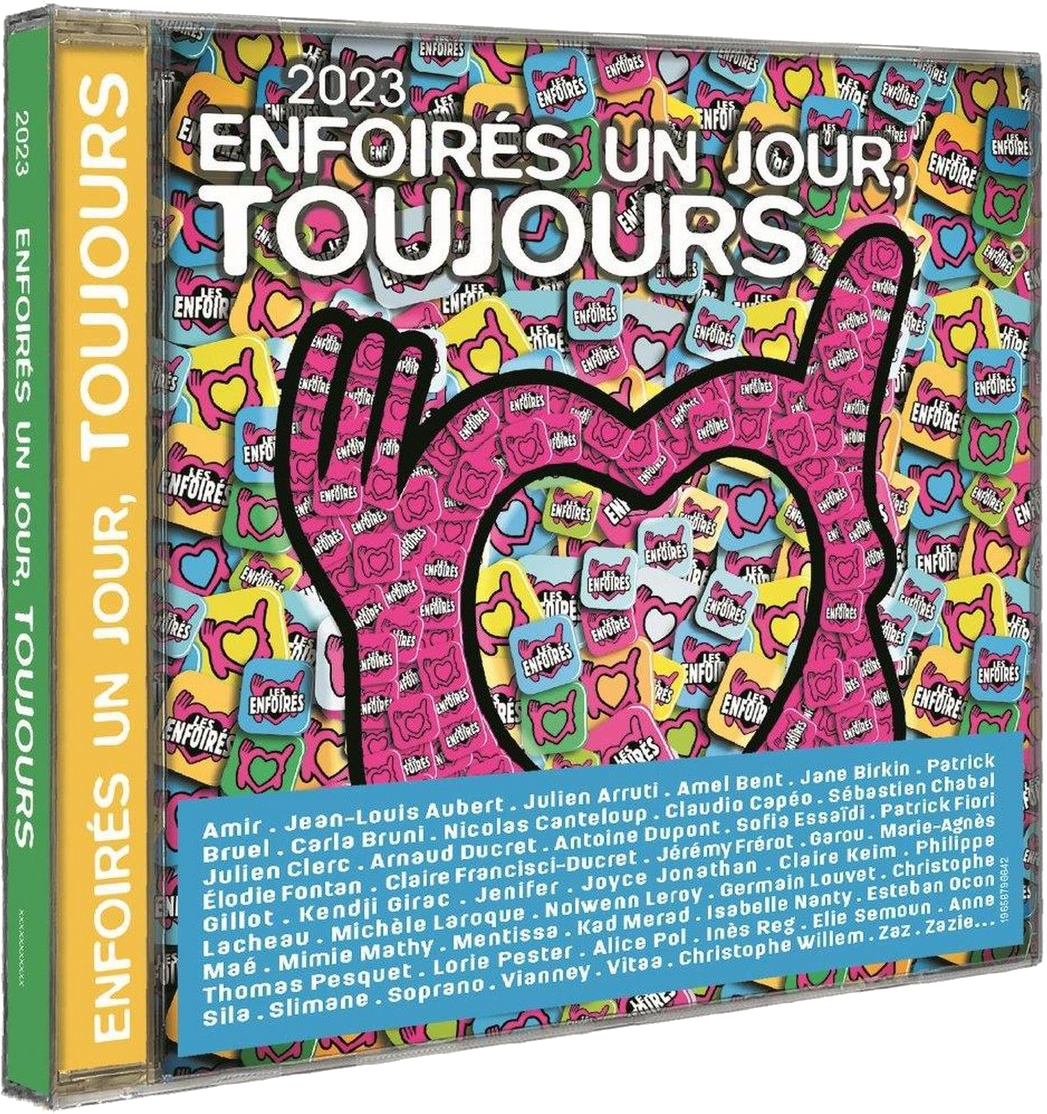 Pochette de CD, un collage de cœurs roses et de noms. Le texte 'Enfoires un jour, toujours' y figure.