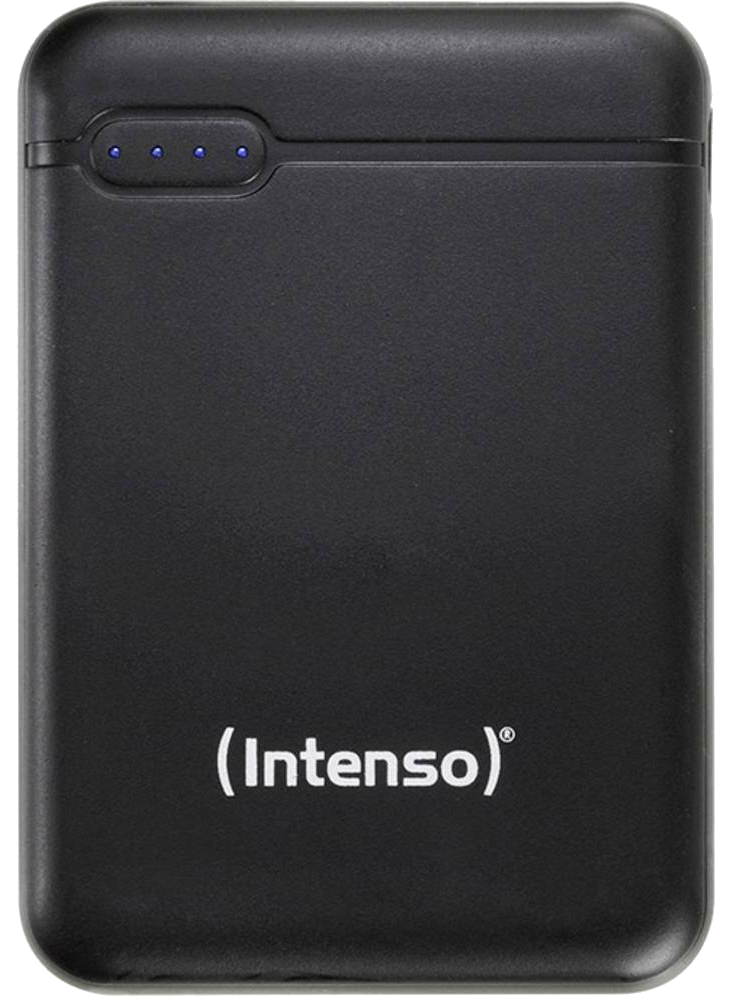 Egy fekete, téglalap alakú power bank ezüst logóval és négy kék fénnyel a tetején.
