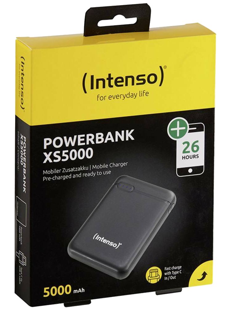 Fekete power bank egy sárga dobozban szöveggel. Azt írja: „POWERBANK XS5000”.