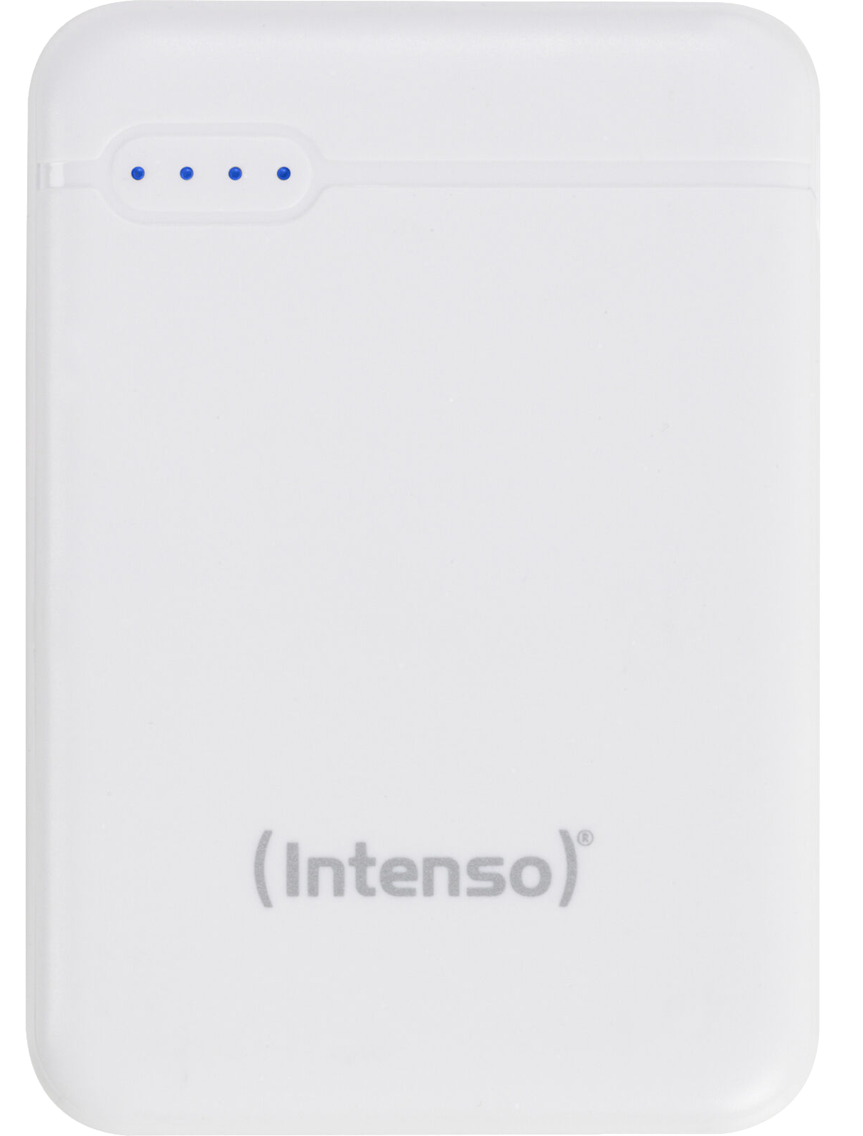 Fehér power bank kék LED-ekkel és Intenso logóval.