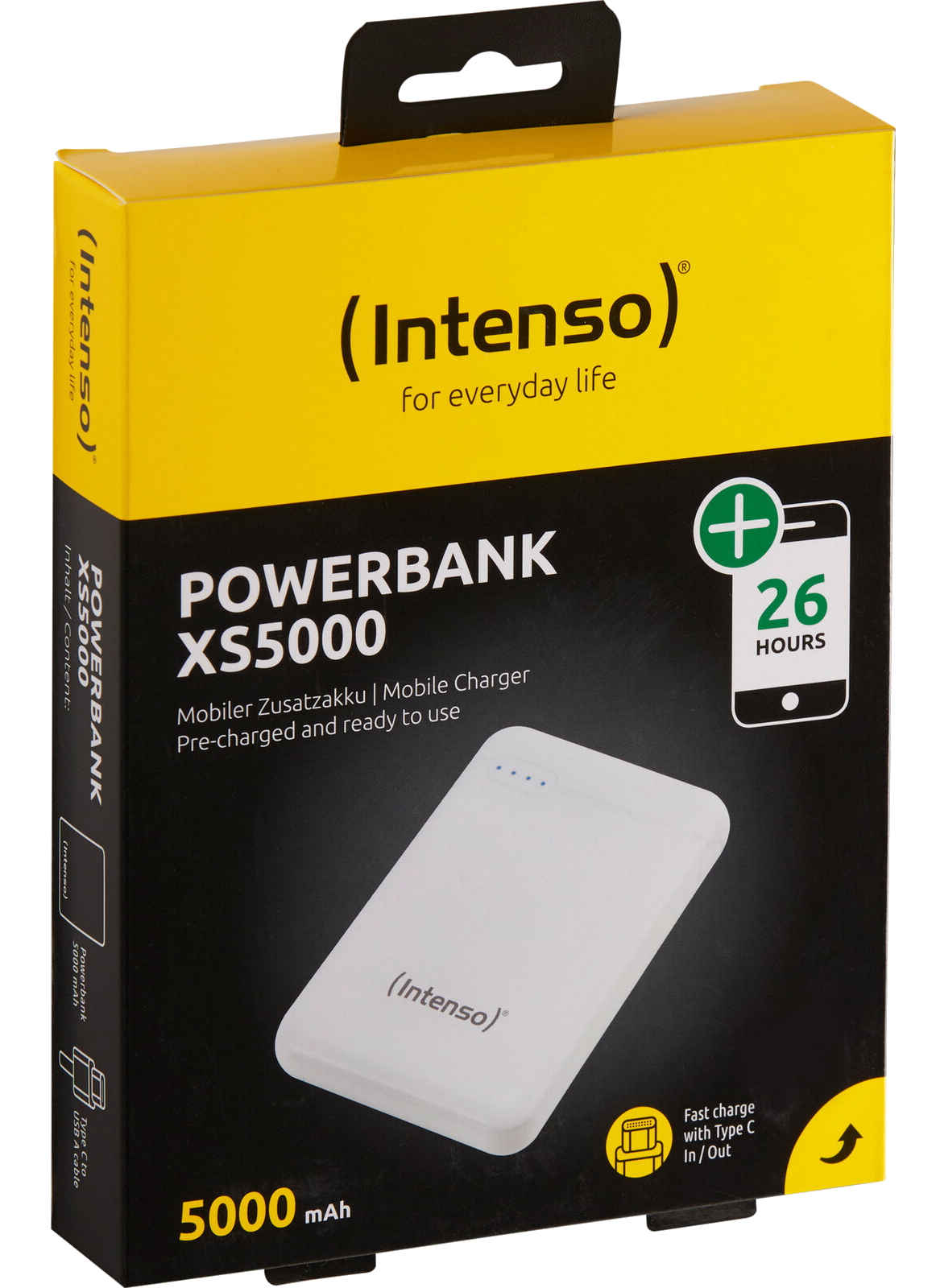 Fehér power bank sárga és fekete dobozban. A dobozon 5000 mAh és 26 óra szerepel.