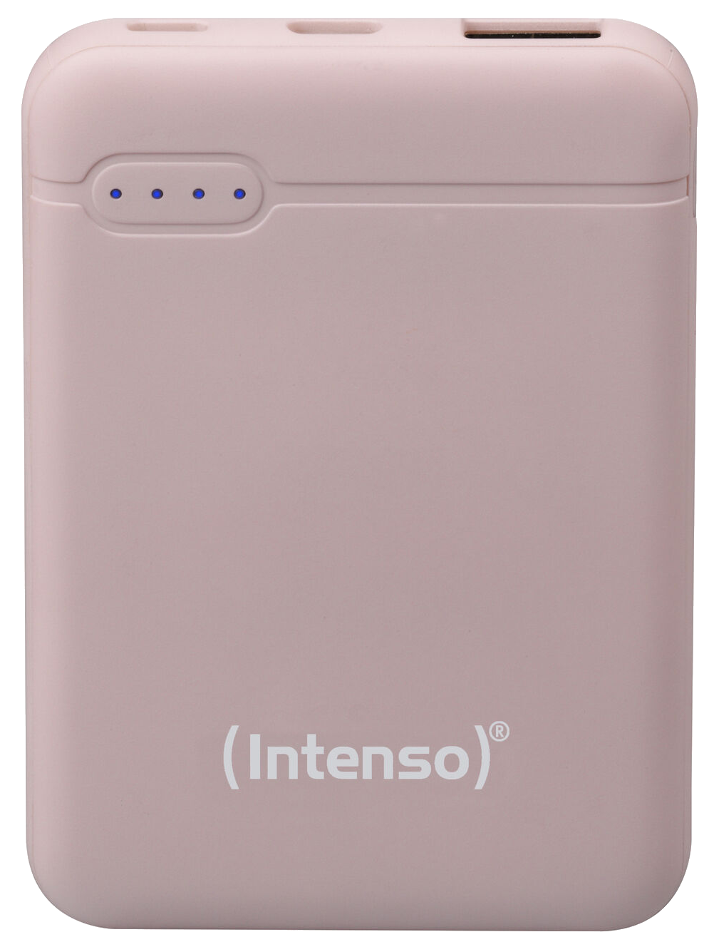 Rózsaszín power bank LED-jelzőkkel és az (Intenso) márkanévvel fekete háttérrel.
