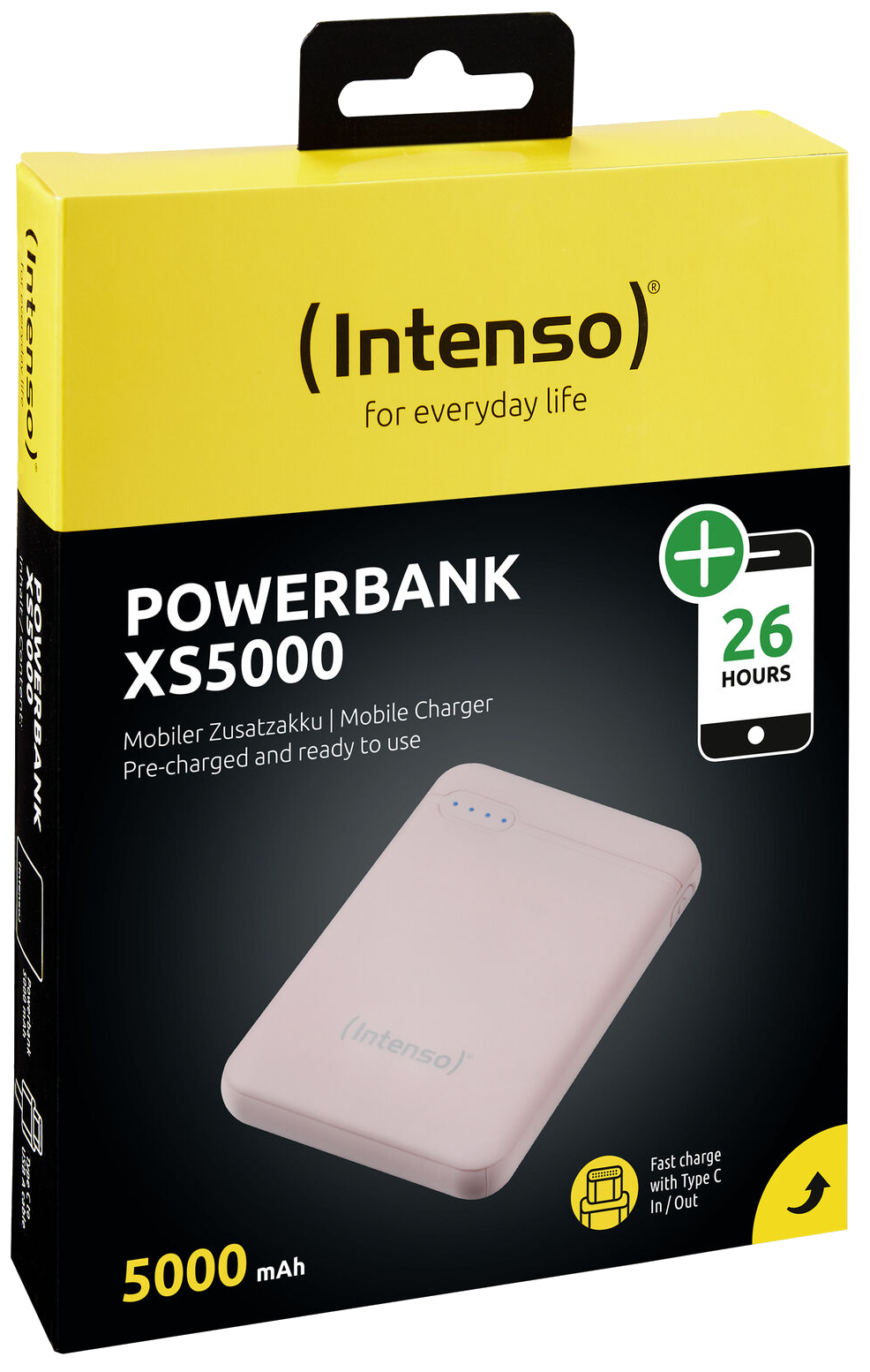 Rózsaszín Intenso Powerbank XS5000, 26 óra üzemidővel.