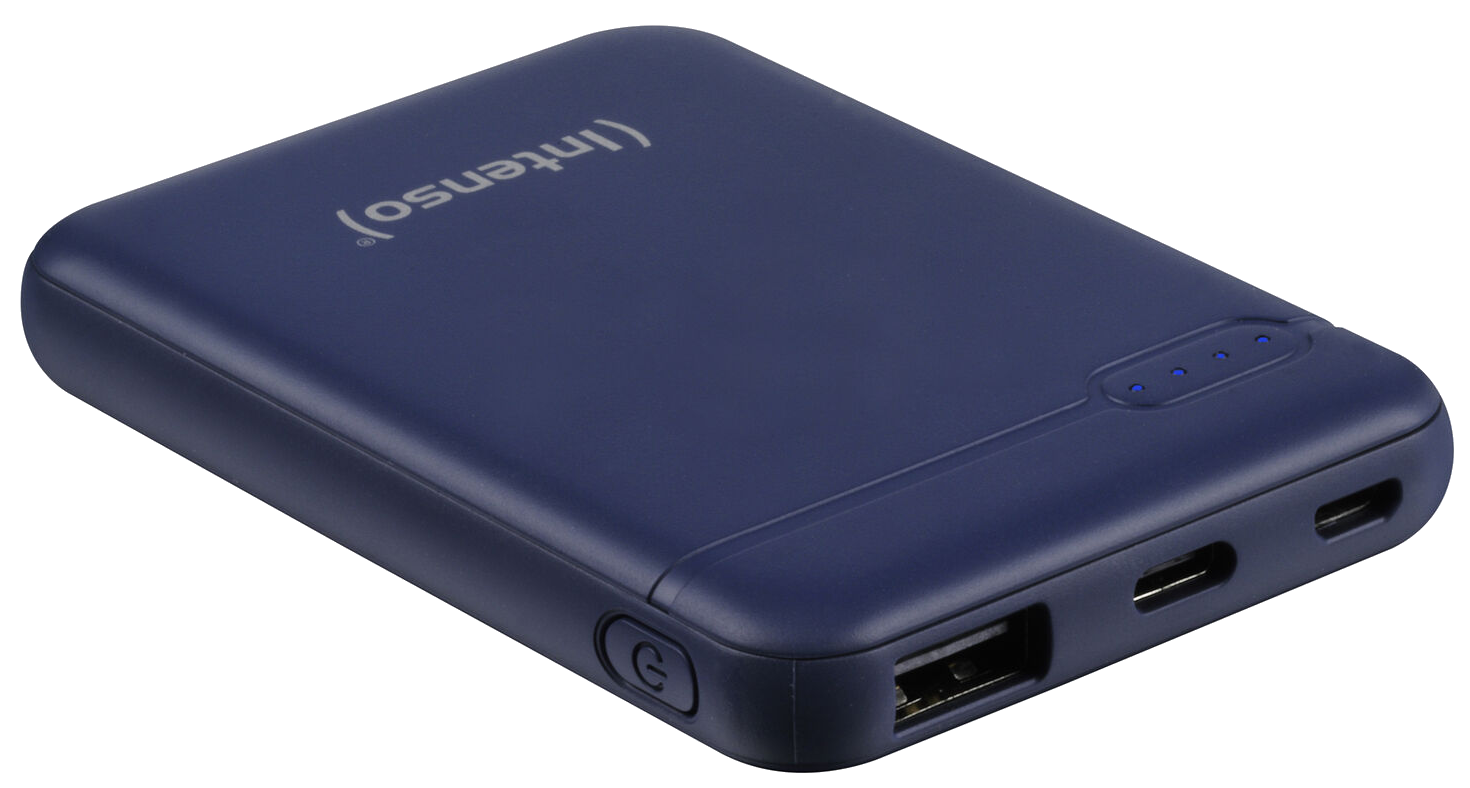 Kék, téglalap alakú Intenso power bank USB és tápcsatlakozókkal.