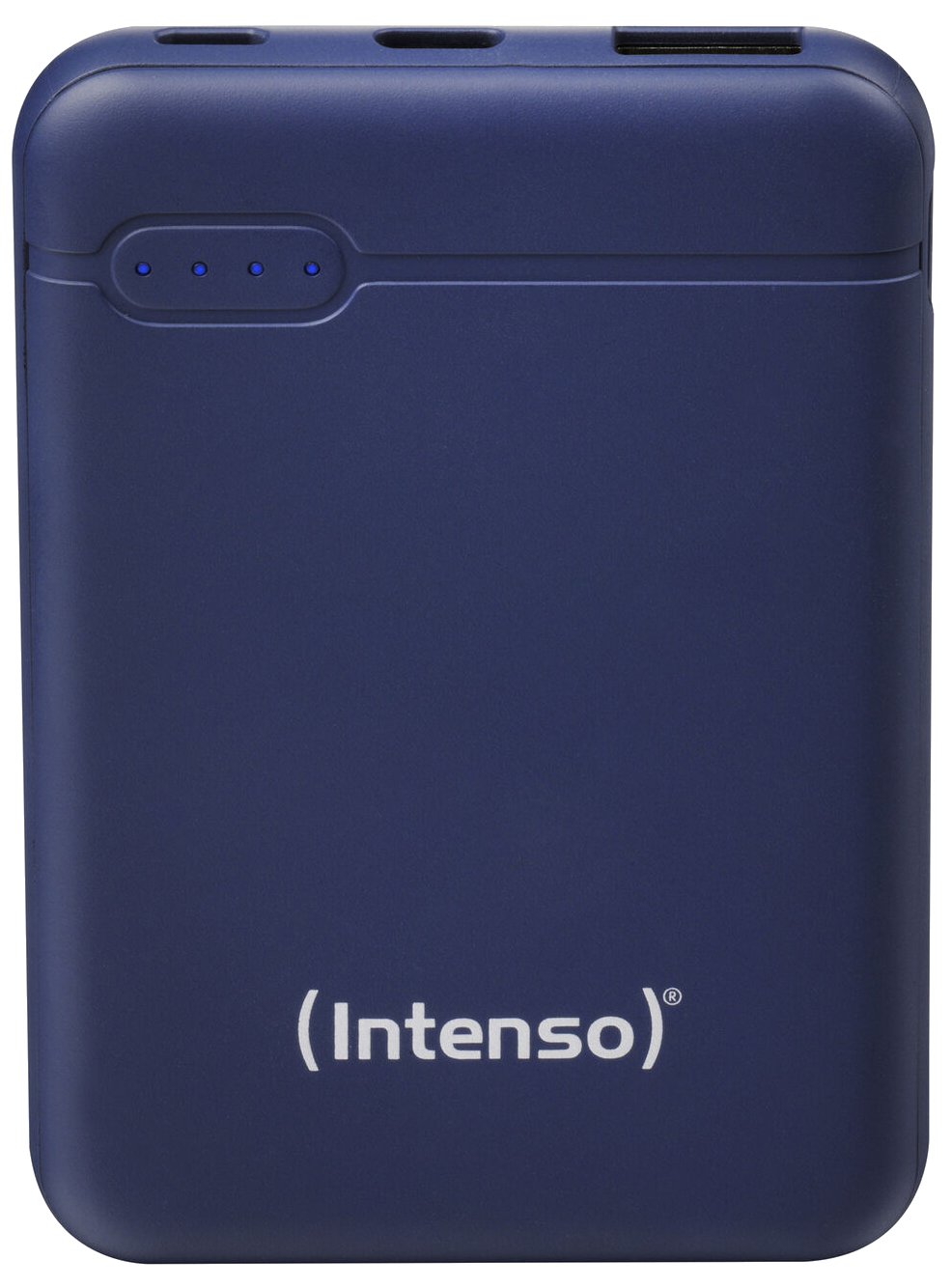 Kék Intenso power bank három jelzőfénnyel. USB portok felül.