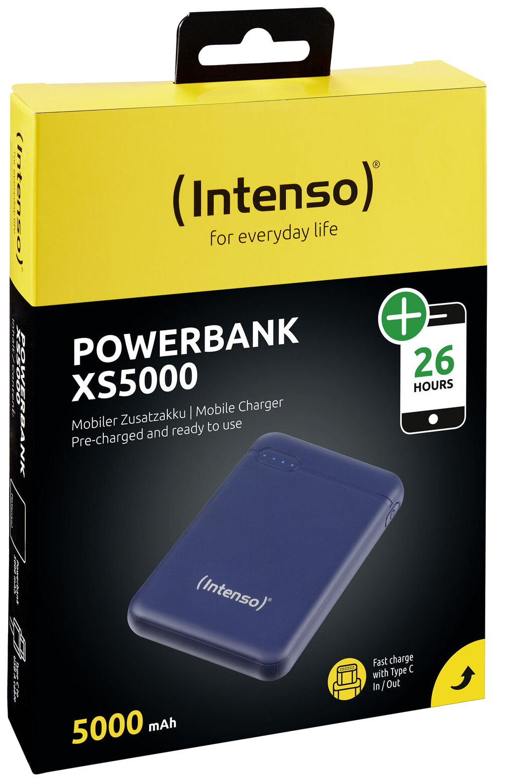 Kék Intenso Powerbank XS5000, 26 óra üzemidővel.