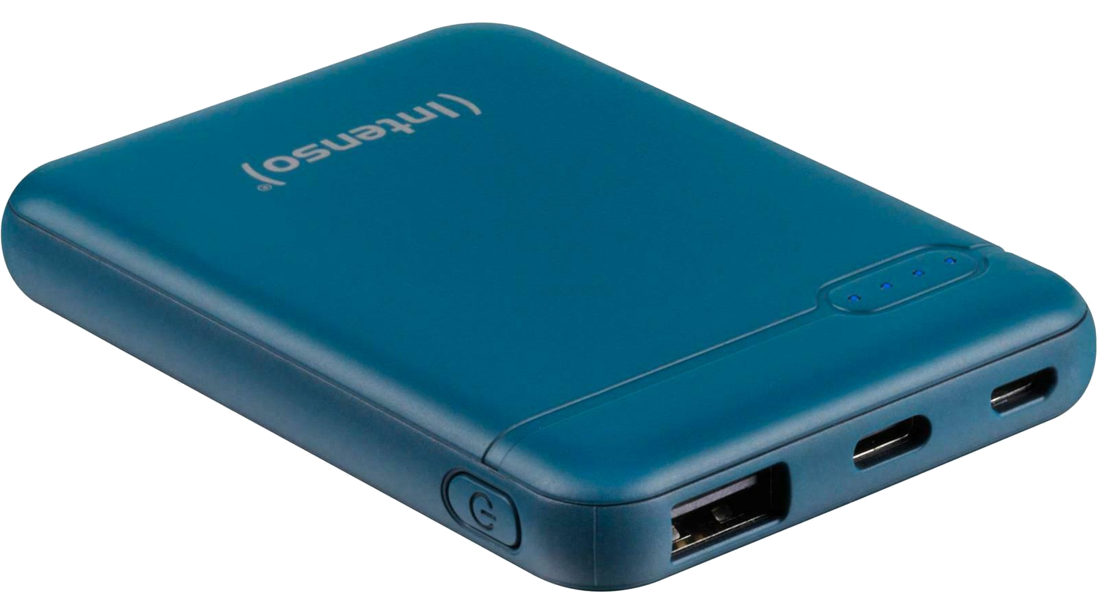 Türkiz hordozható töltő USB és USB-C portokkal. Bekapcsológomb balra.