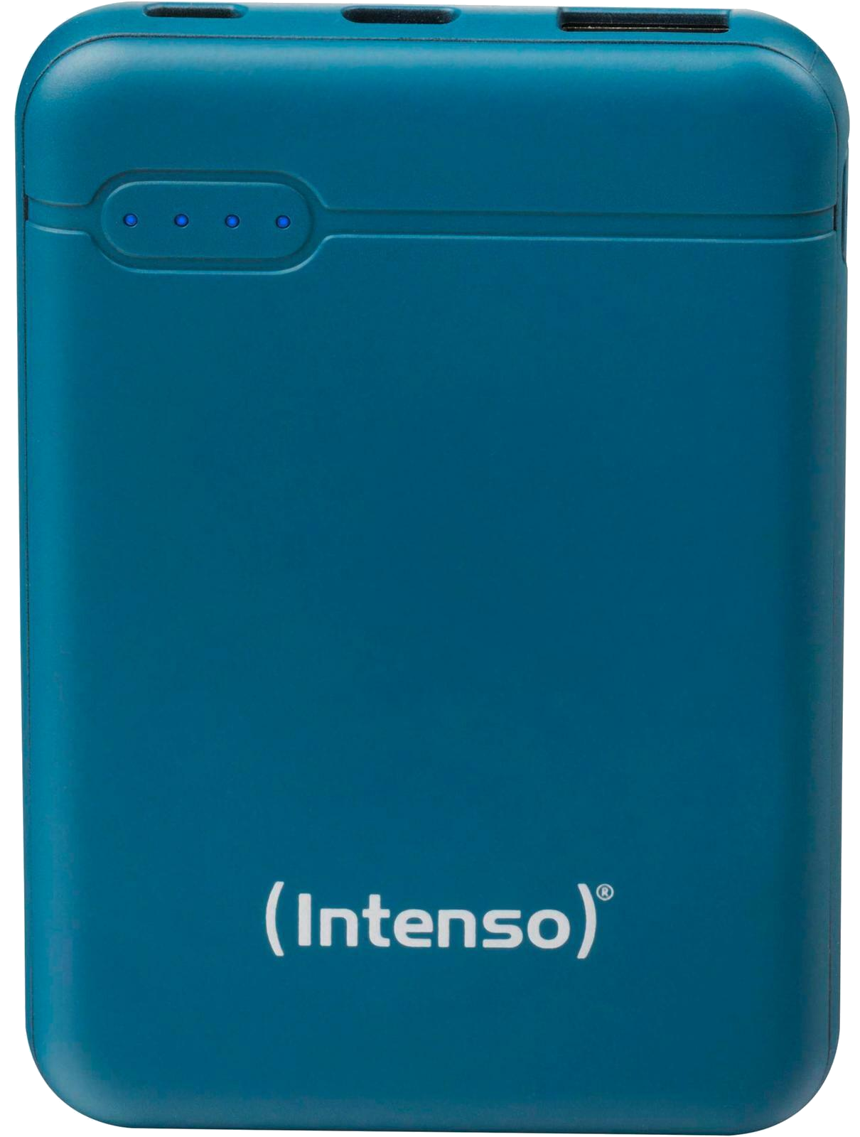 Türkizkék power bank, rajta az (Intenso) szóval.