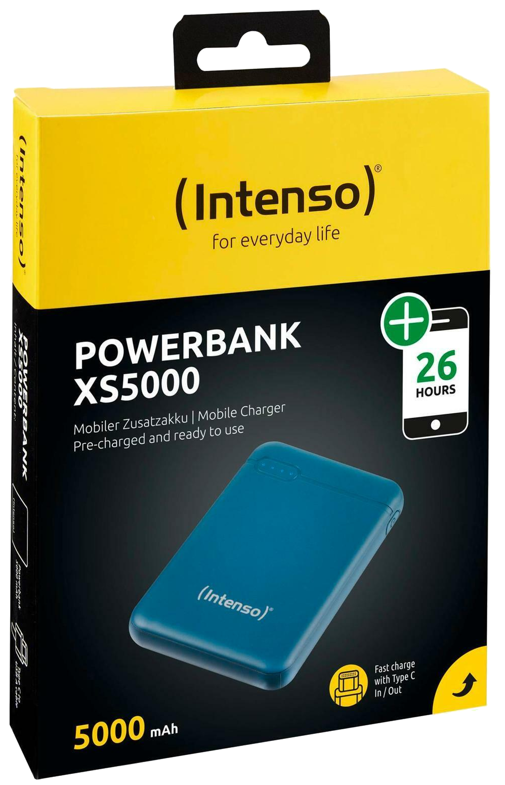 Power bank a dobozban, kék színű, szöveggel és információval.