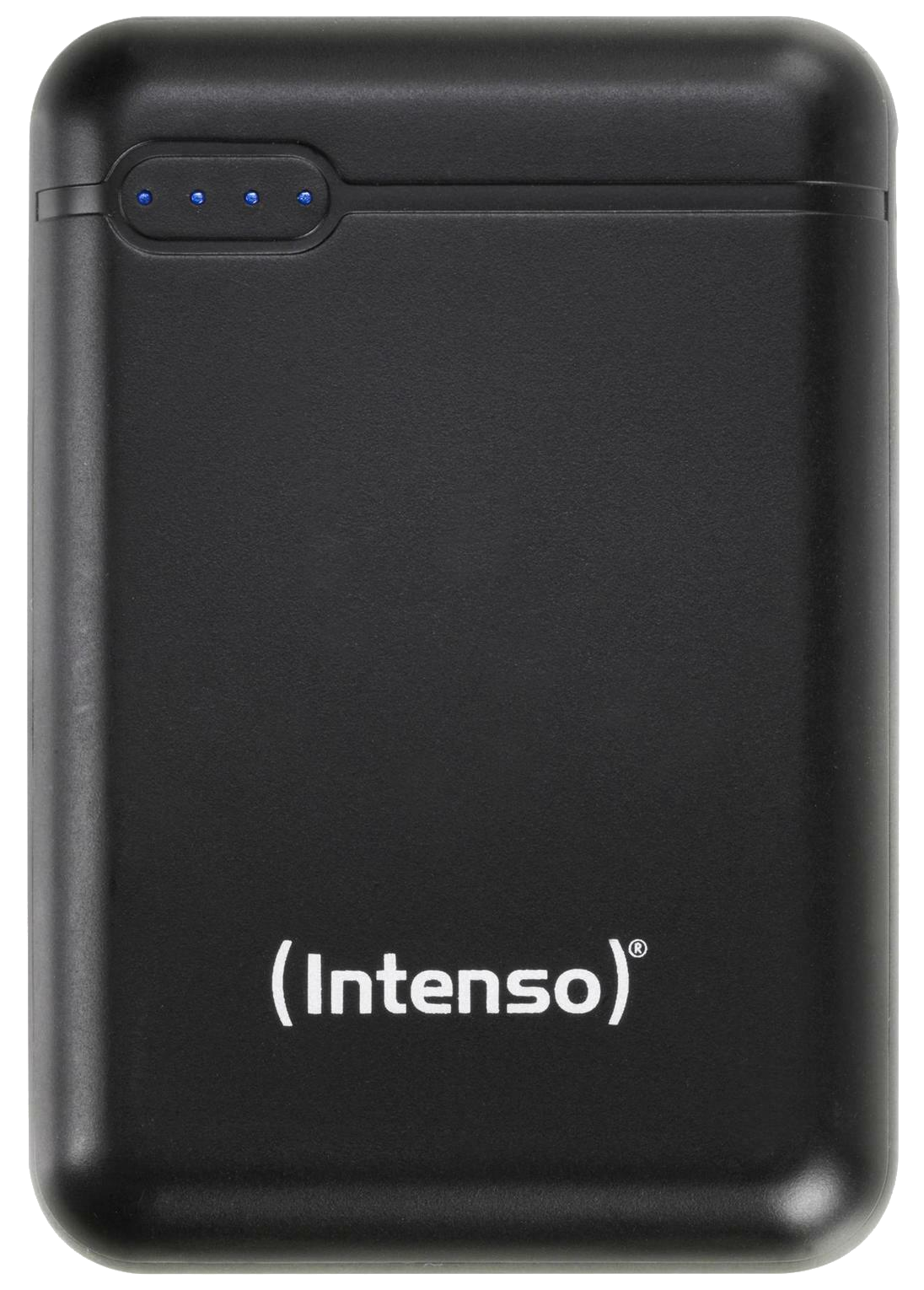 Fekete Intenso power bank. Négy kis kék lámpa van a tetején, és fehér logó.