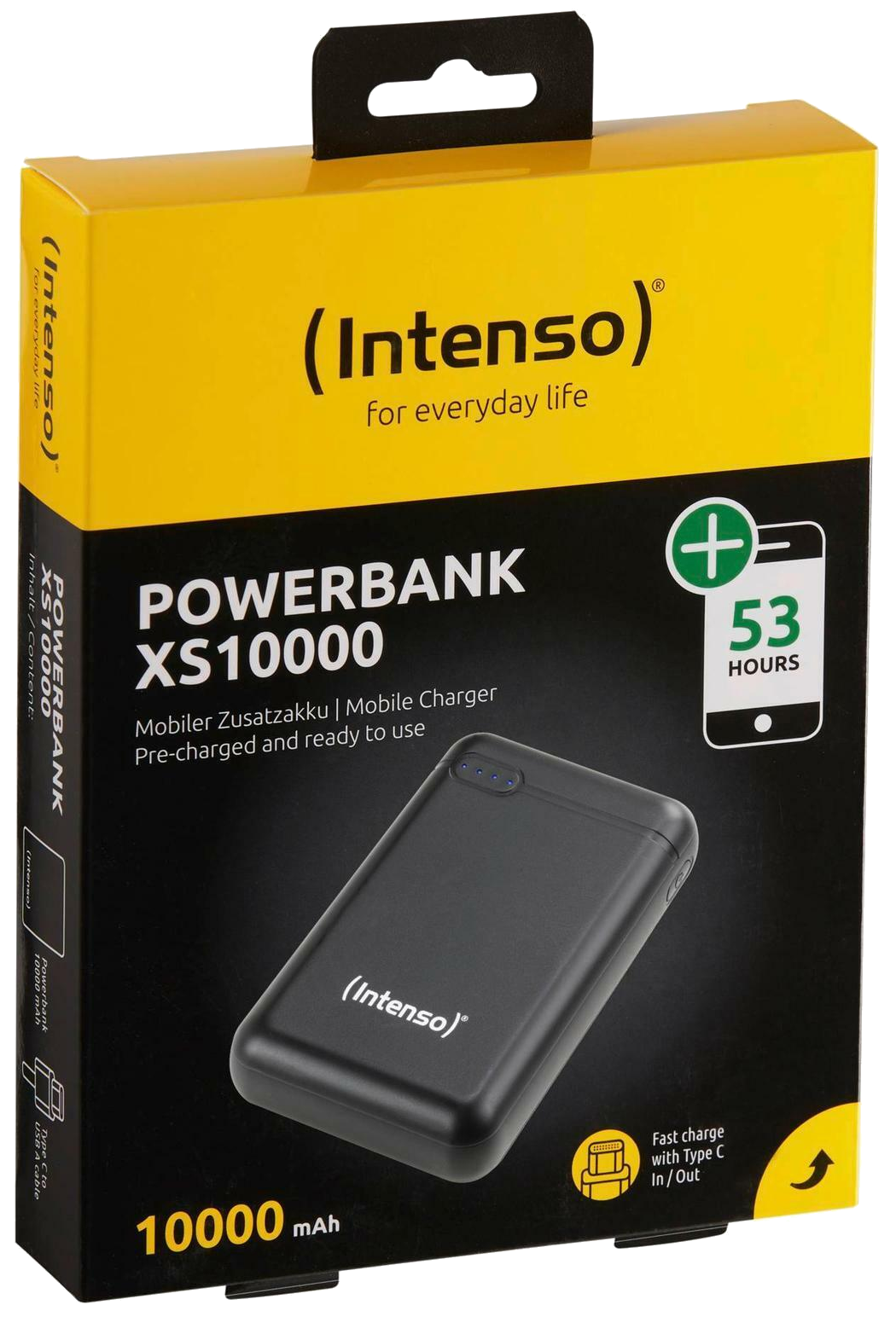 Fekete power bank doboz, sárga oldallal. Rajta a (Intenso) márkanév és a POWERBANK XS10000 szavak.