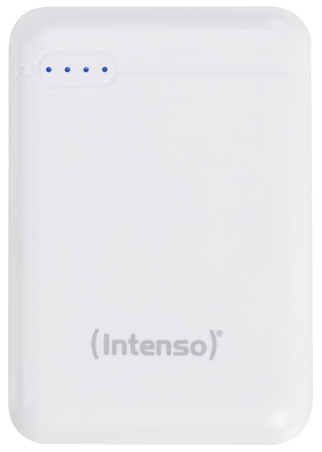 Fehér power bank, négy kék jelzőfénnyel és az 'Intenso' logóval.