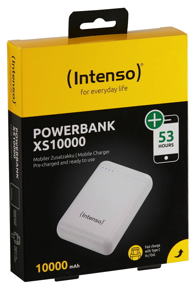 Sárga és fehér powerbank csomagolás. Szöveg: Intenso Powerbank XS10000, 10000 mAh, 53 óra.