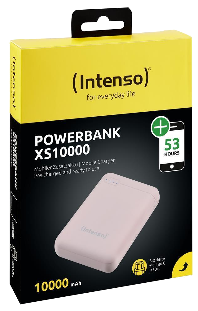 Rózsaszín Intenso Powerbank XS10000, 53 óra üzemidővel.