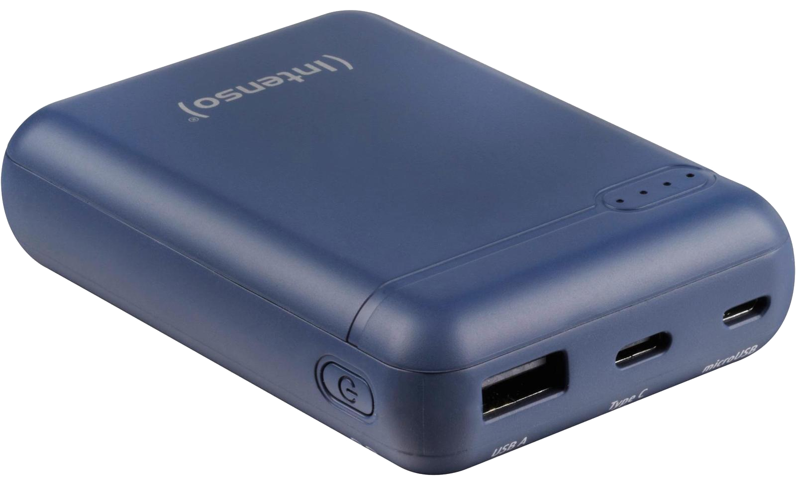 Kék Intenso power bank USB és micro USB portokkal, fekete háttér.
