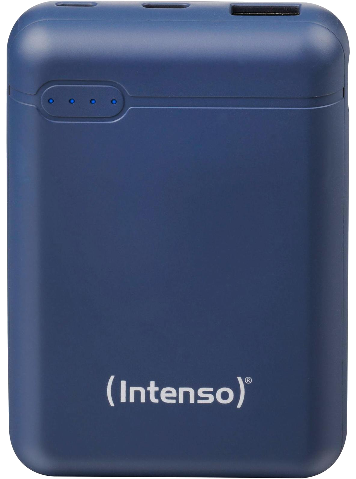 Kék Intenso power bank, (Intenso) logóval és 4 kék jelzőfénnyel.