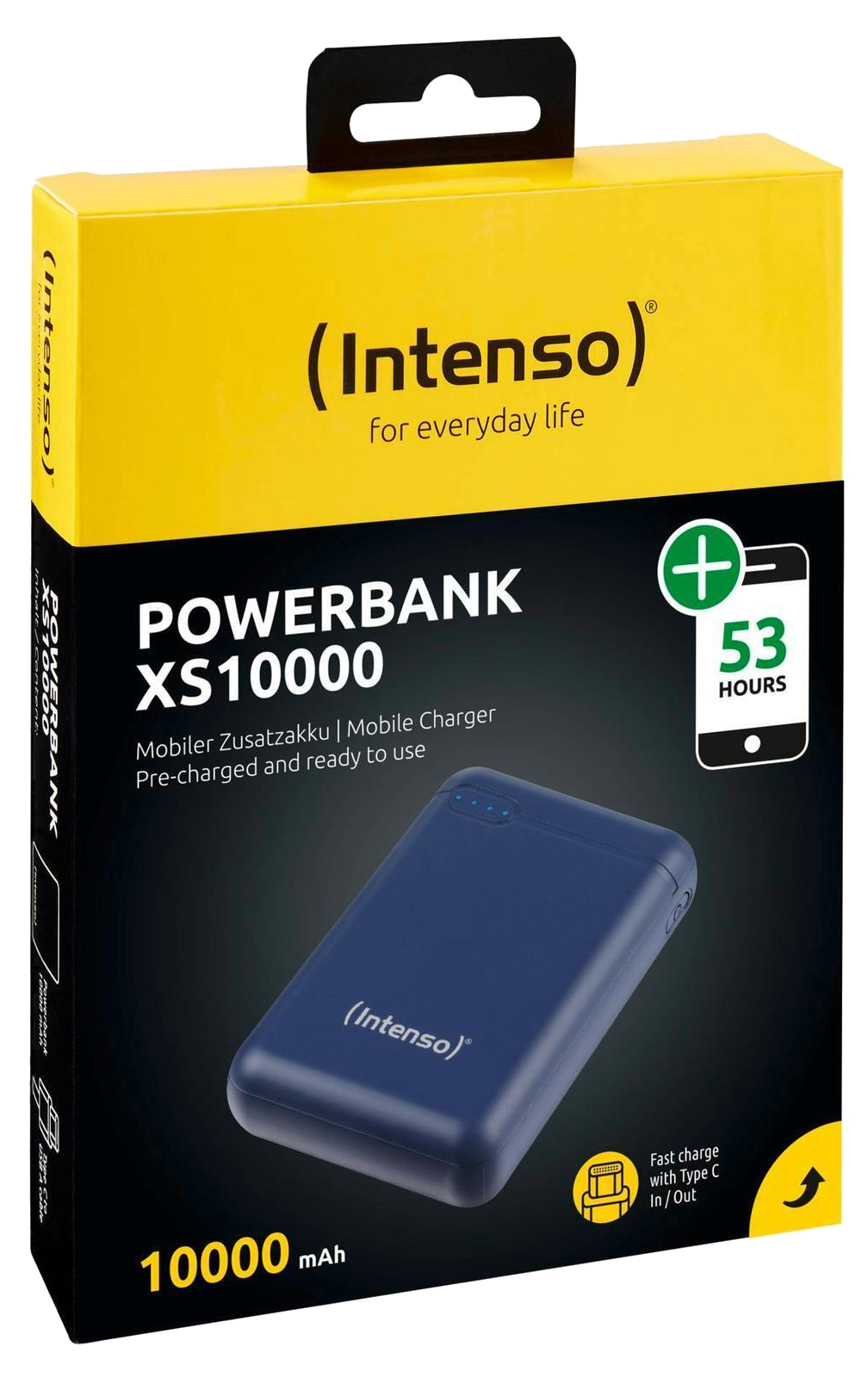 Egy power bank egy dobozban. A doboz sárga és kék, a power bank képével.